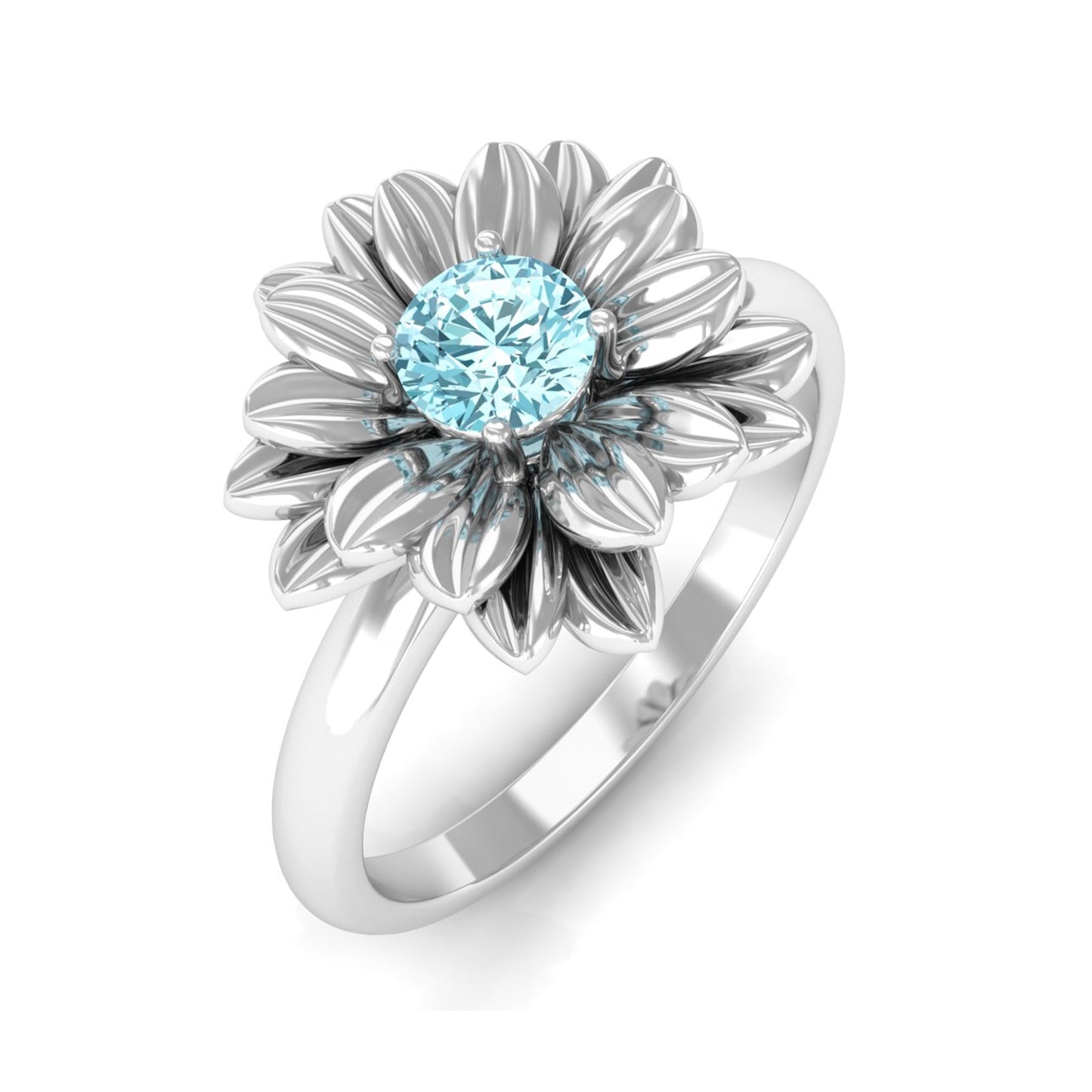 Round Cut Real Aquamarine Flower Engagement Ring
