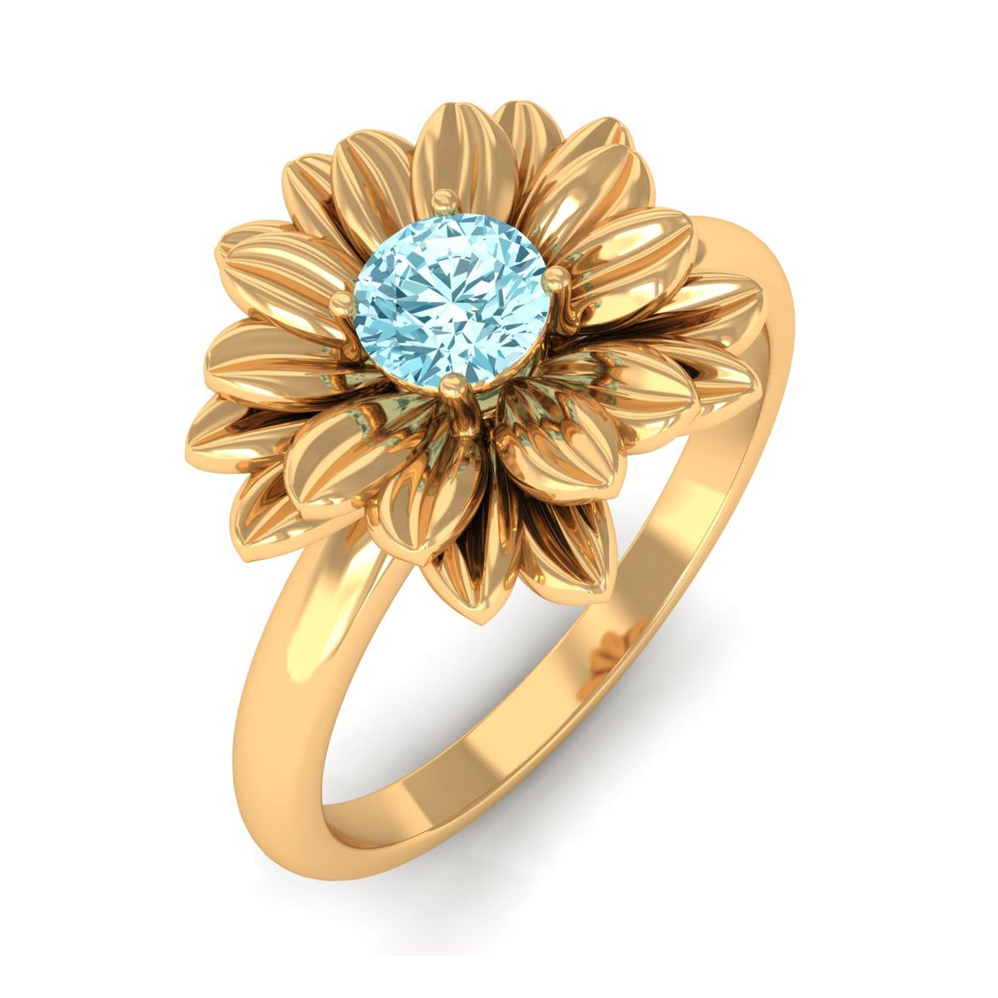 Round Cut Real Aquamarine Flower Engagement Ring