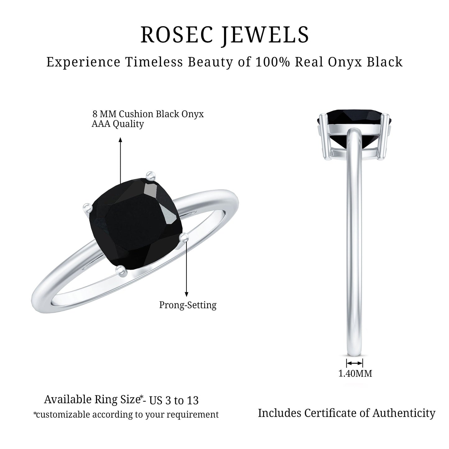 Certified Black Onyx 2 Carat Cushion Cut Engagement Ring
