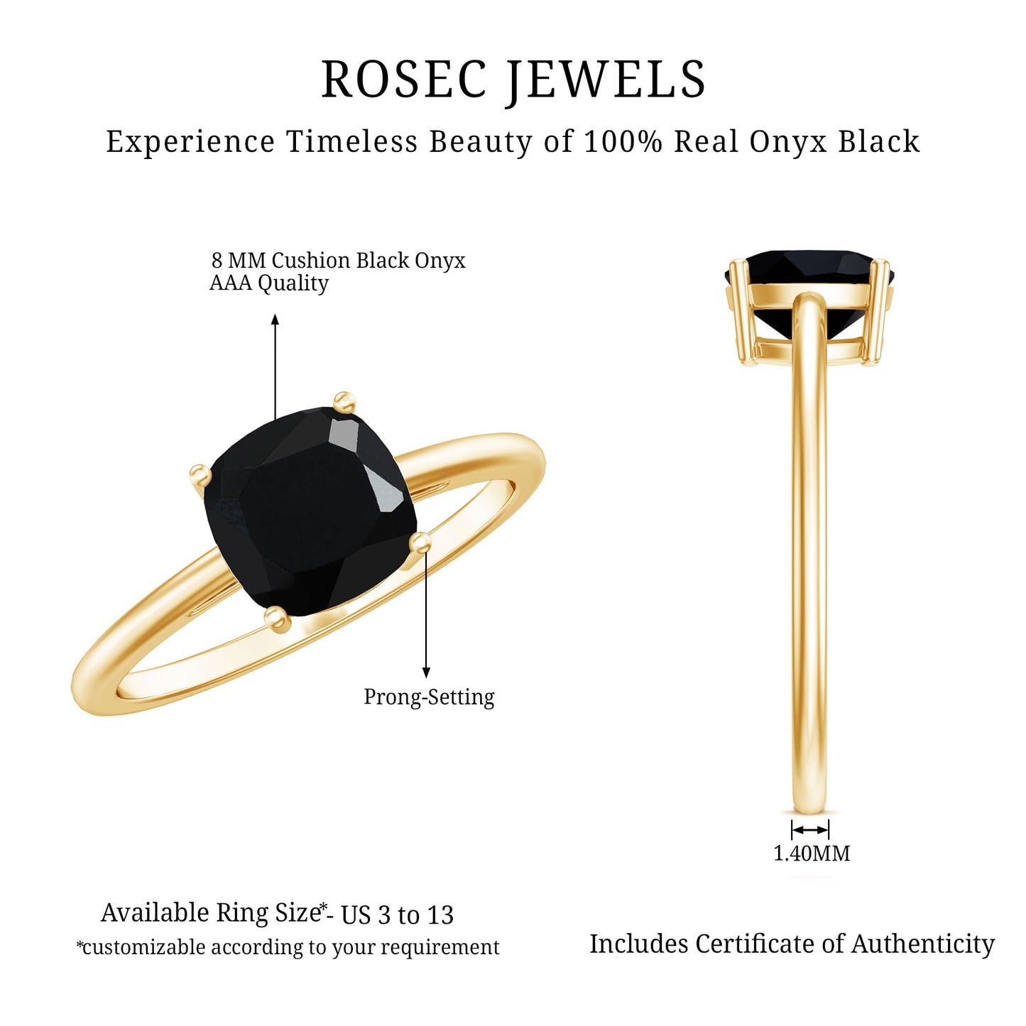 Certified Black Onyx 2 Carat Cushion Cut Engagement Ring