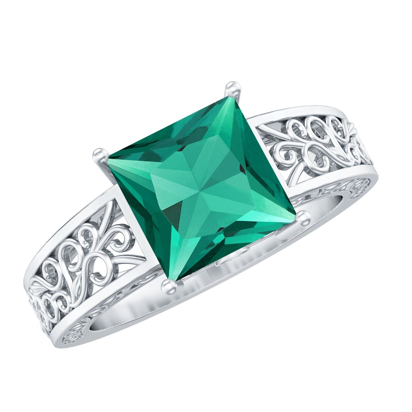 Certified 2.4 Carat Princess Cut Lab Grown Emerald Filigree Engagement Ring
