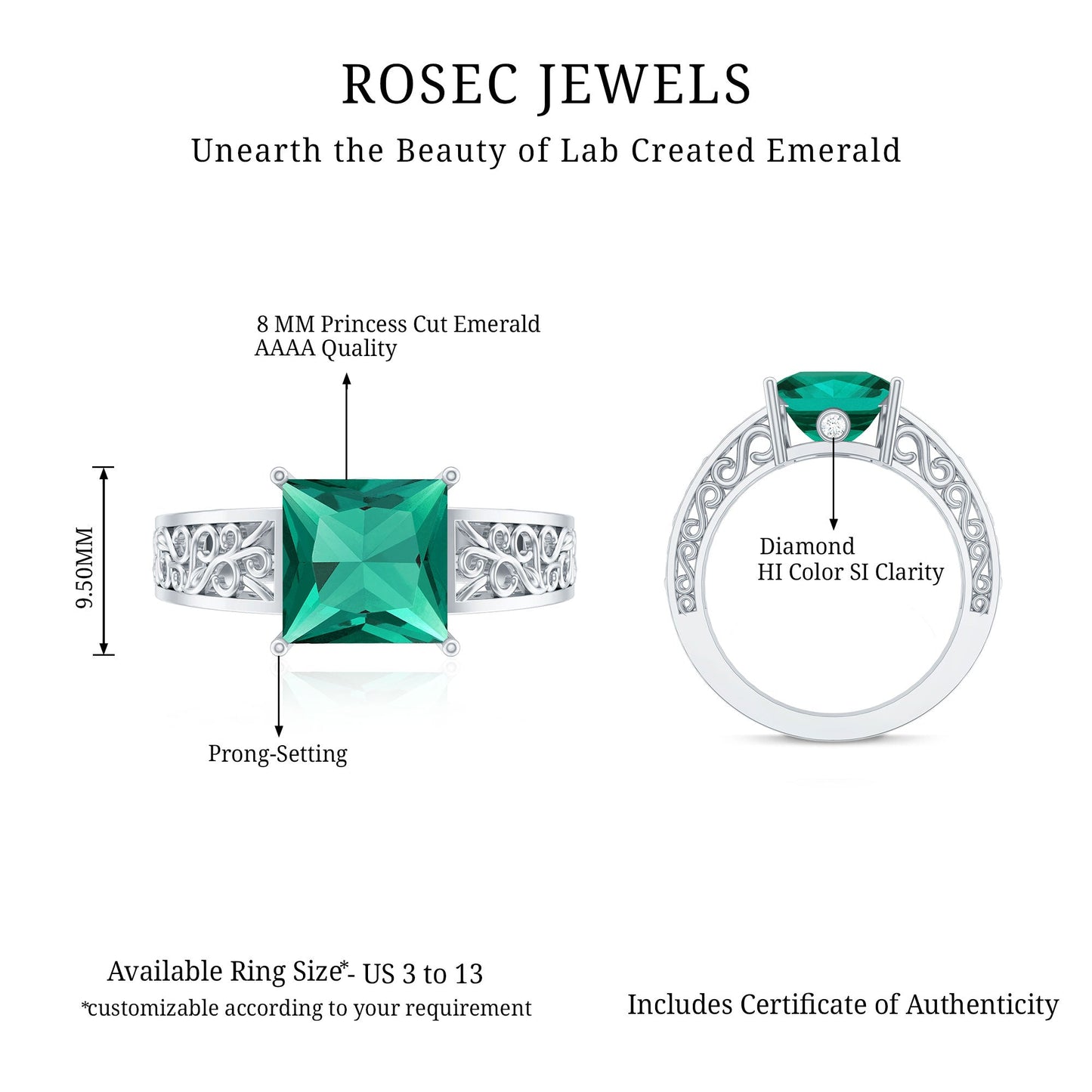 Certified 2.4 Carat Princess Cut Lab Grown Emerald Filigree Engagement Ring