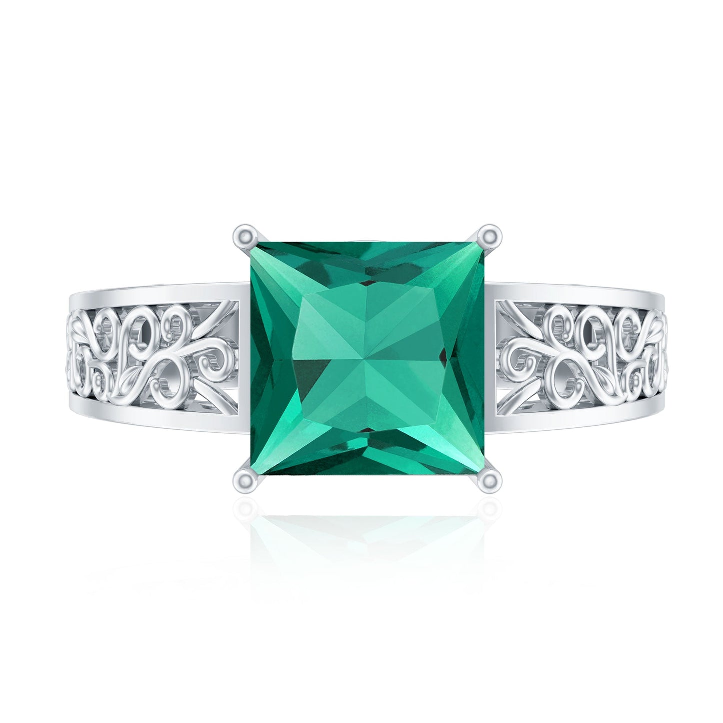 Certified 2.4 Carat Princess Cut Lab Grown Emerald Filigree Engagement Ring