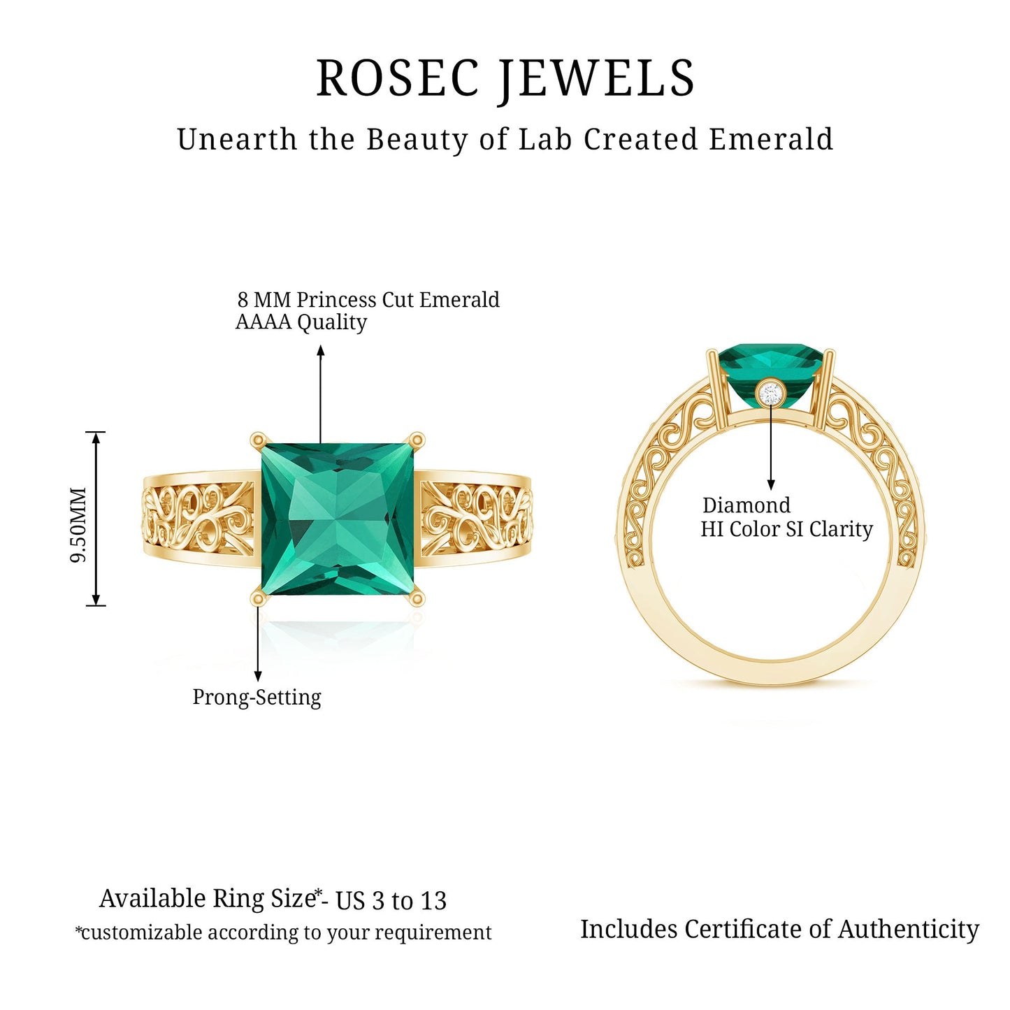 Certified 2.4 Carat Princess Cut Lab Grown Emerald Filigree Engagement Ring