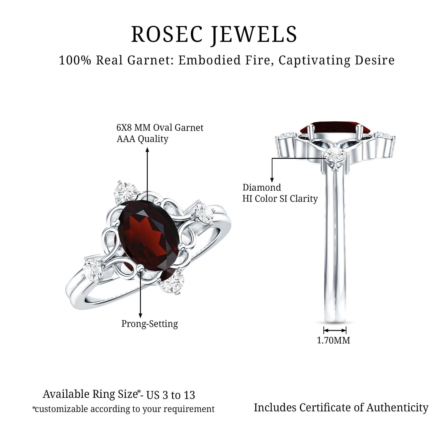 Vintage looking 1.5 Carat Oval Garnet Engagement Ring with Diamond