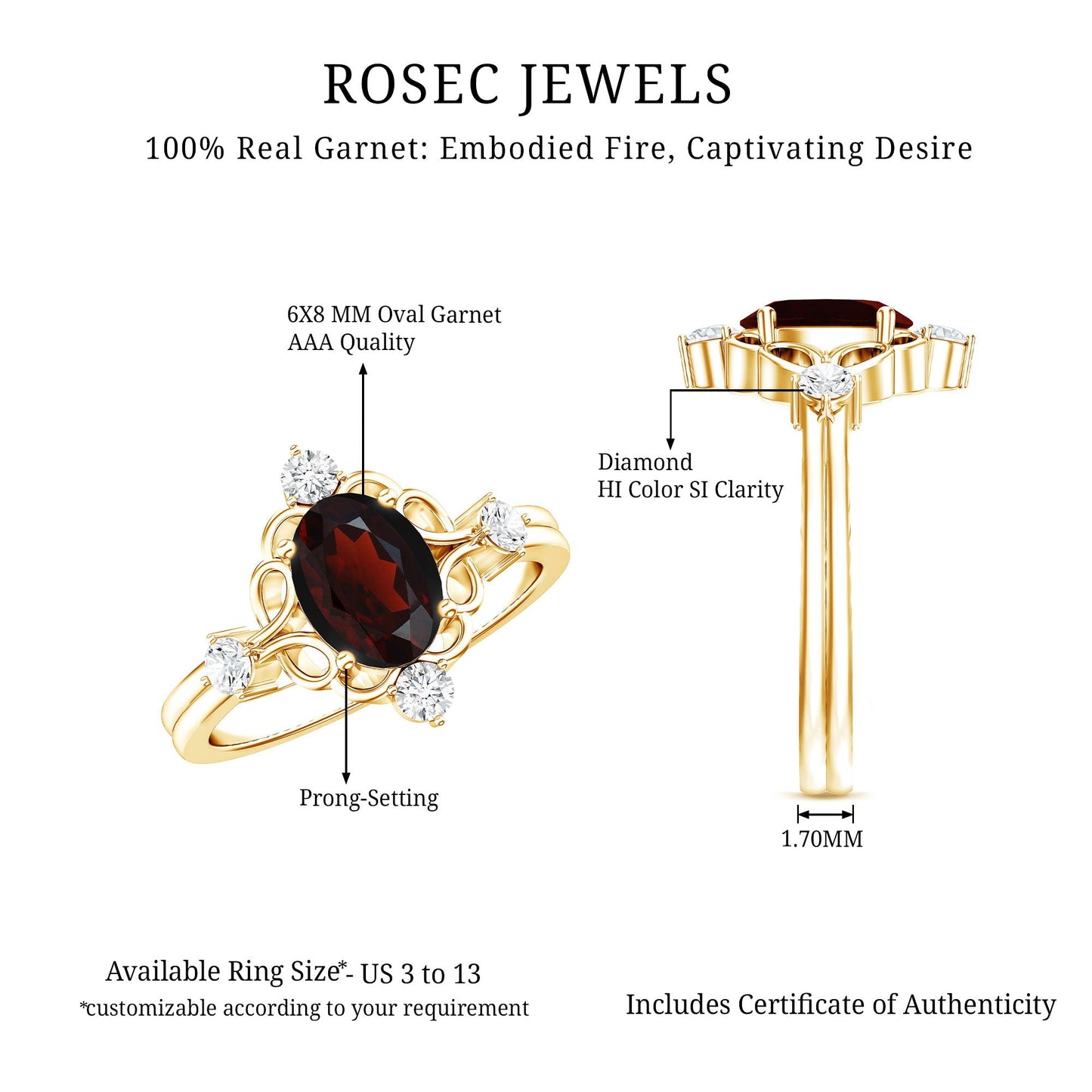 Vintage looking 1.5 Carat Oval Garnet Engagement Ring with Diamond