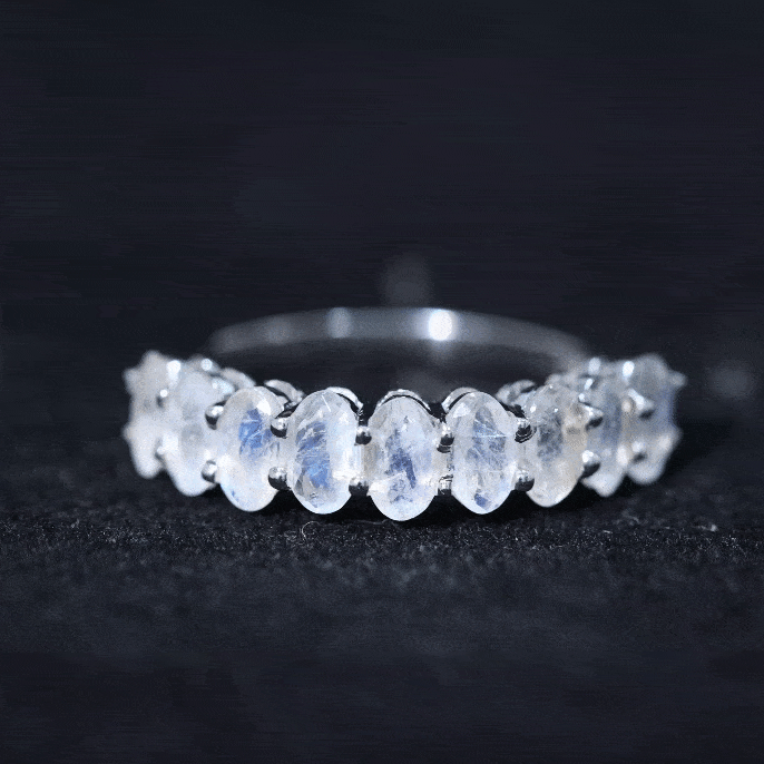Oval Cut Moonstone Half Eternity Wedding Band Ring