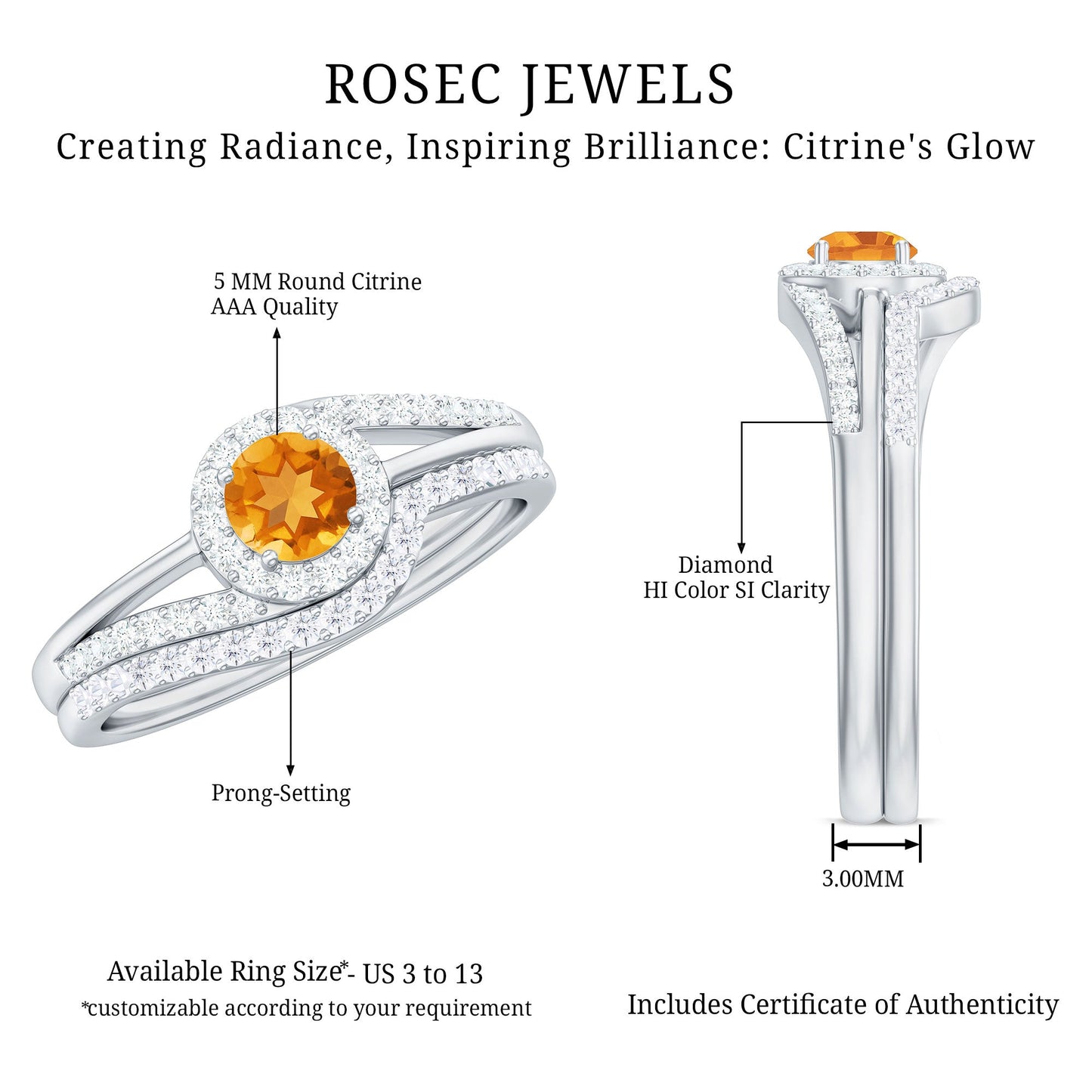 Genuine Citrine Engagement Ring with Diamond Wedding Band