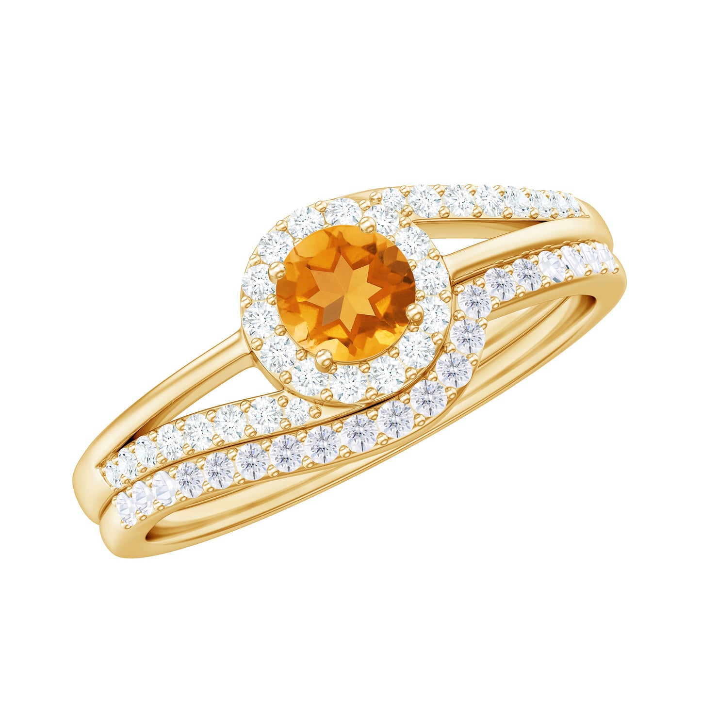 Genuine Citrine Engagement Ring with Diamond Wedding Band