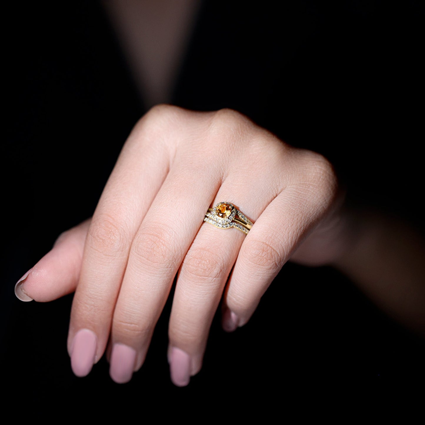 Genuine Citrine Engagement Ring with Diamond Wedding Band
