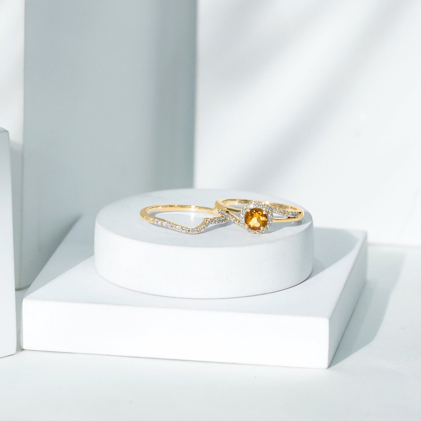 Genuine Citrine Engagement Ring with Diamond Wedding Band