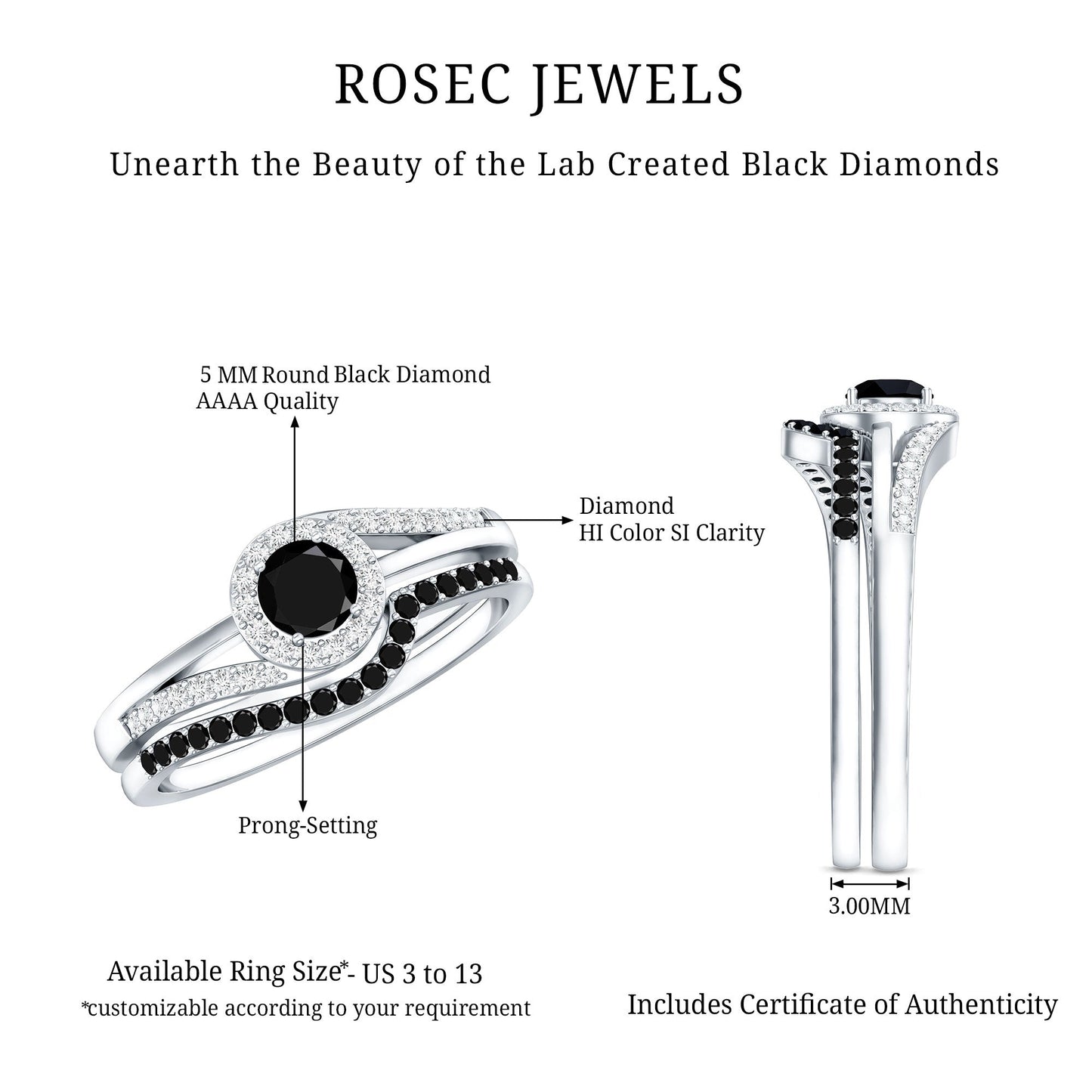 Certified Lab Grown Black and White Diamond Engagement Ring Set for Women