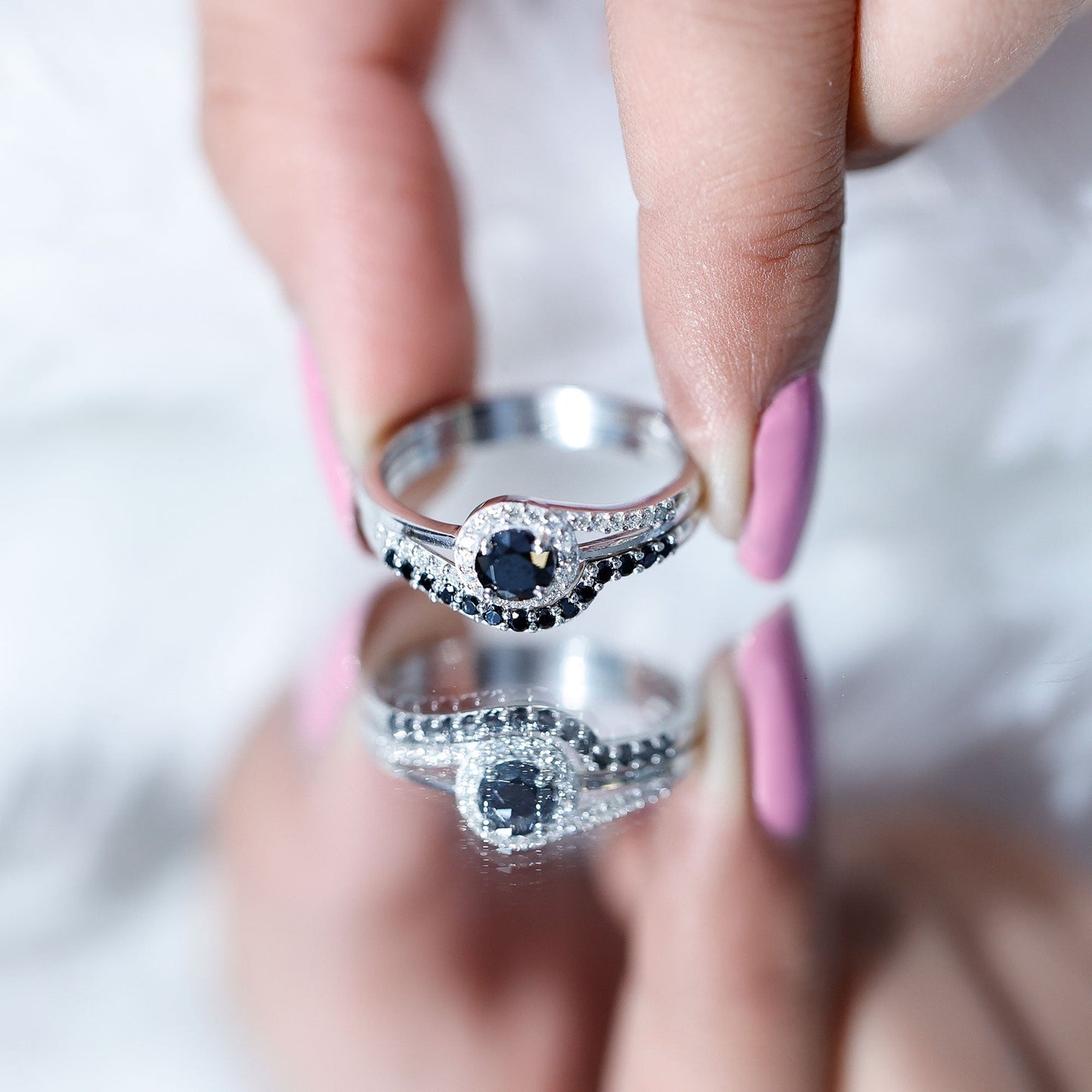 Certified Lab Grown Black and White Diamond Engagement Ring Set for Women