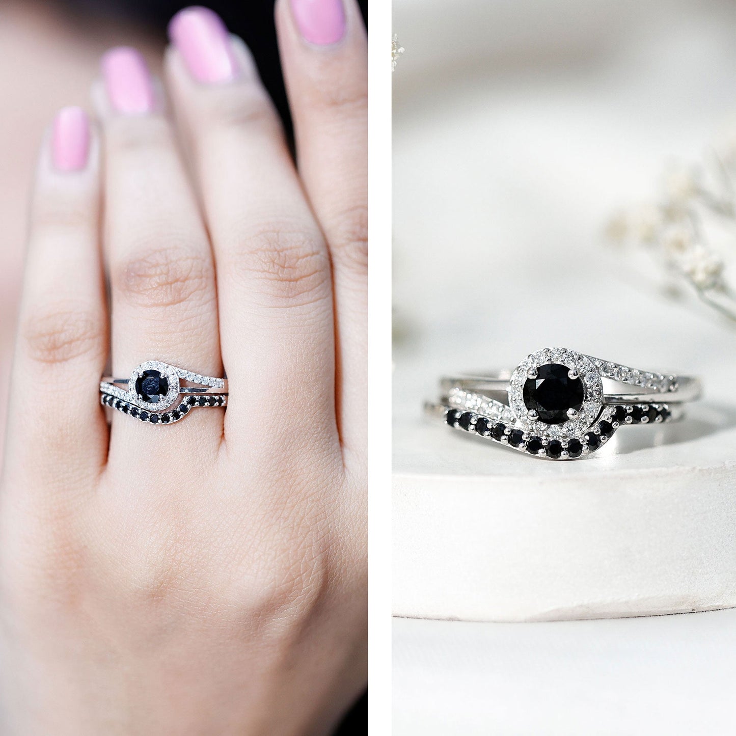 Certified Lab Grown Black and White Diamond Engagement Ring Set for Women