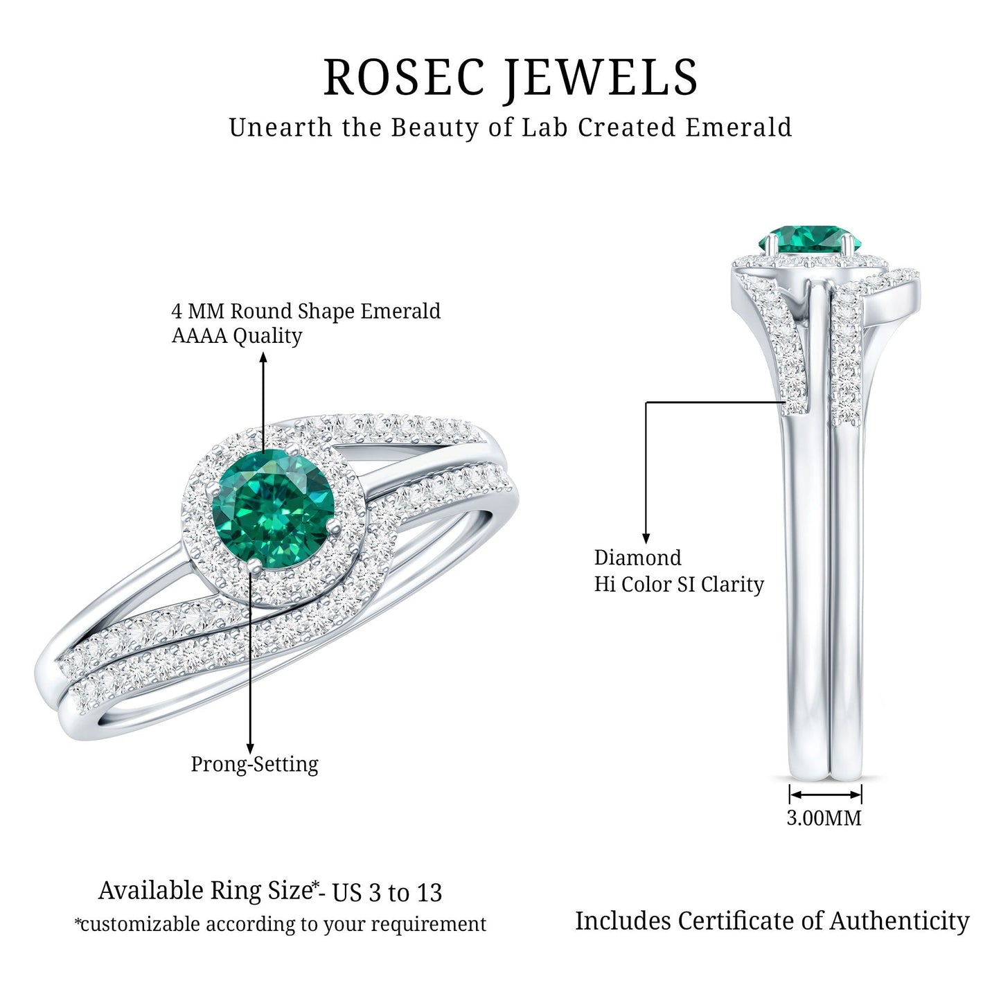 Certified Lab Grown Emerald Diamond Wedding Bridal Ring Set of 2