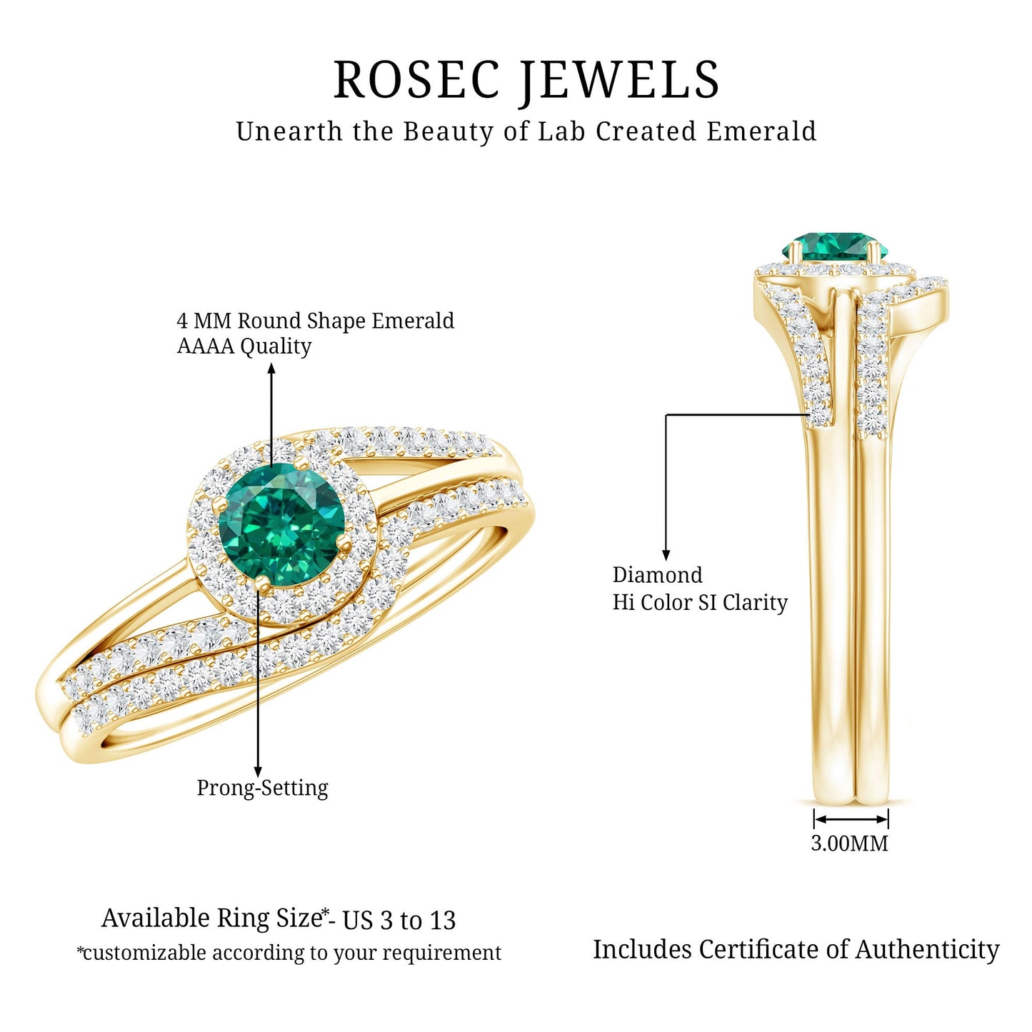 Certified Lab Grown Emerald Diamond Wedding Bridal Ring Set of 2