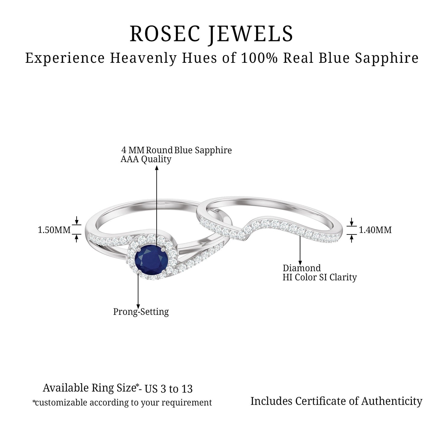 Natural Blue Sapphire Wedding Engagement Ring Set with Diamond