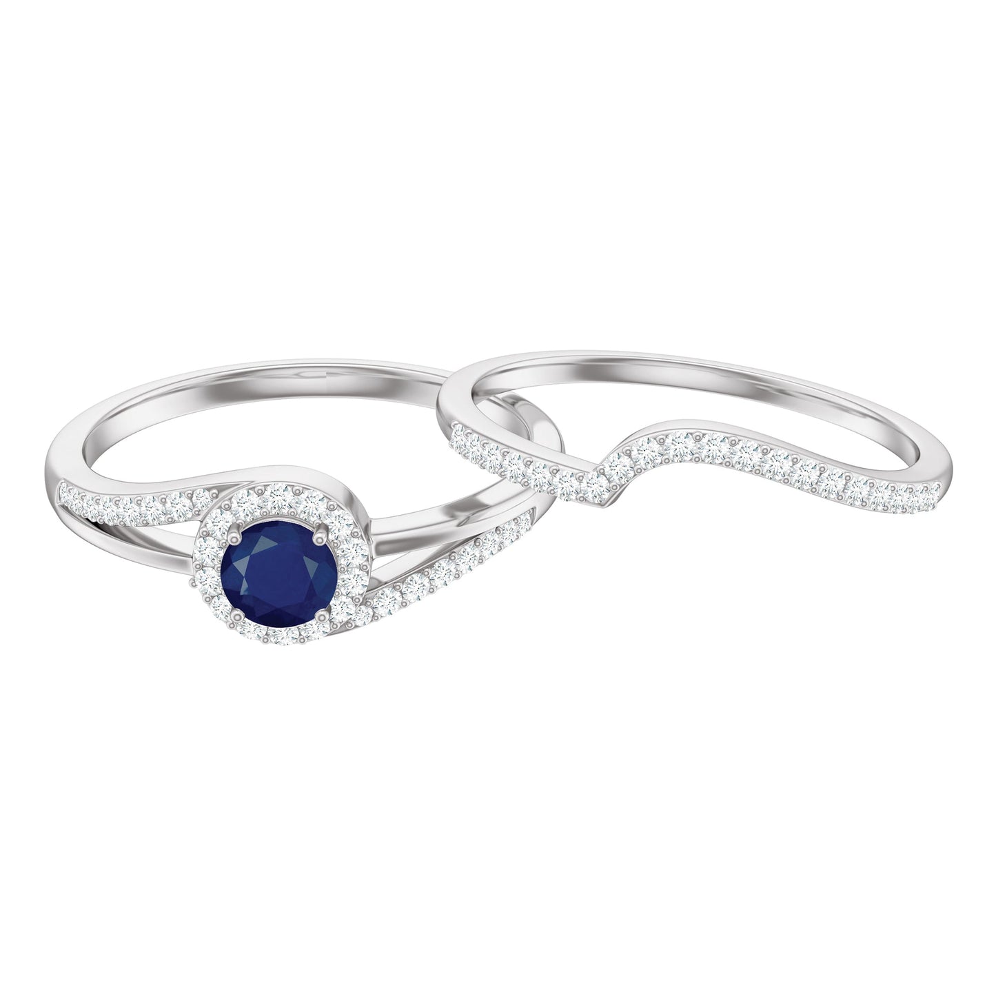 Natural Blue Sapphire Wedding Engagement Ring Set with Diamond