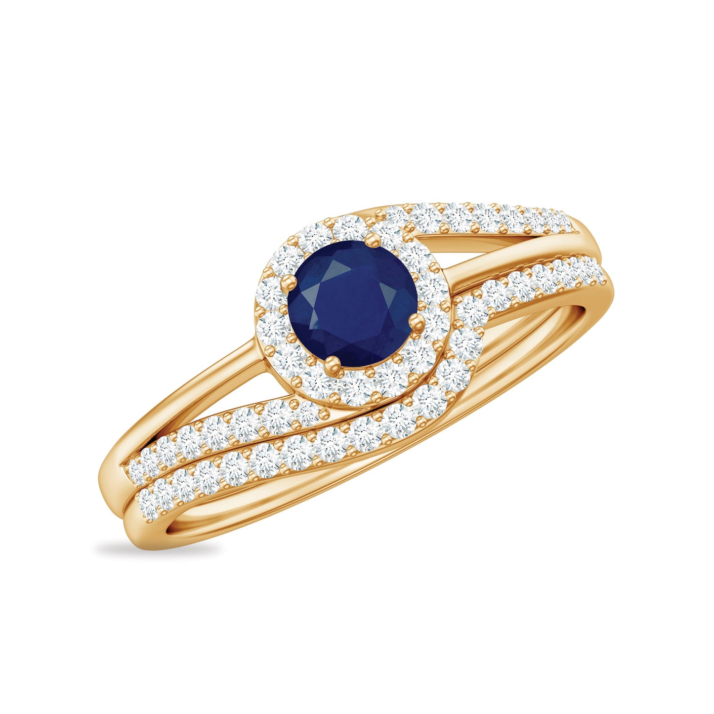 Natural Blue Sapphire Wedding Engagement Ring Set with Diamond