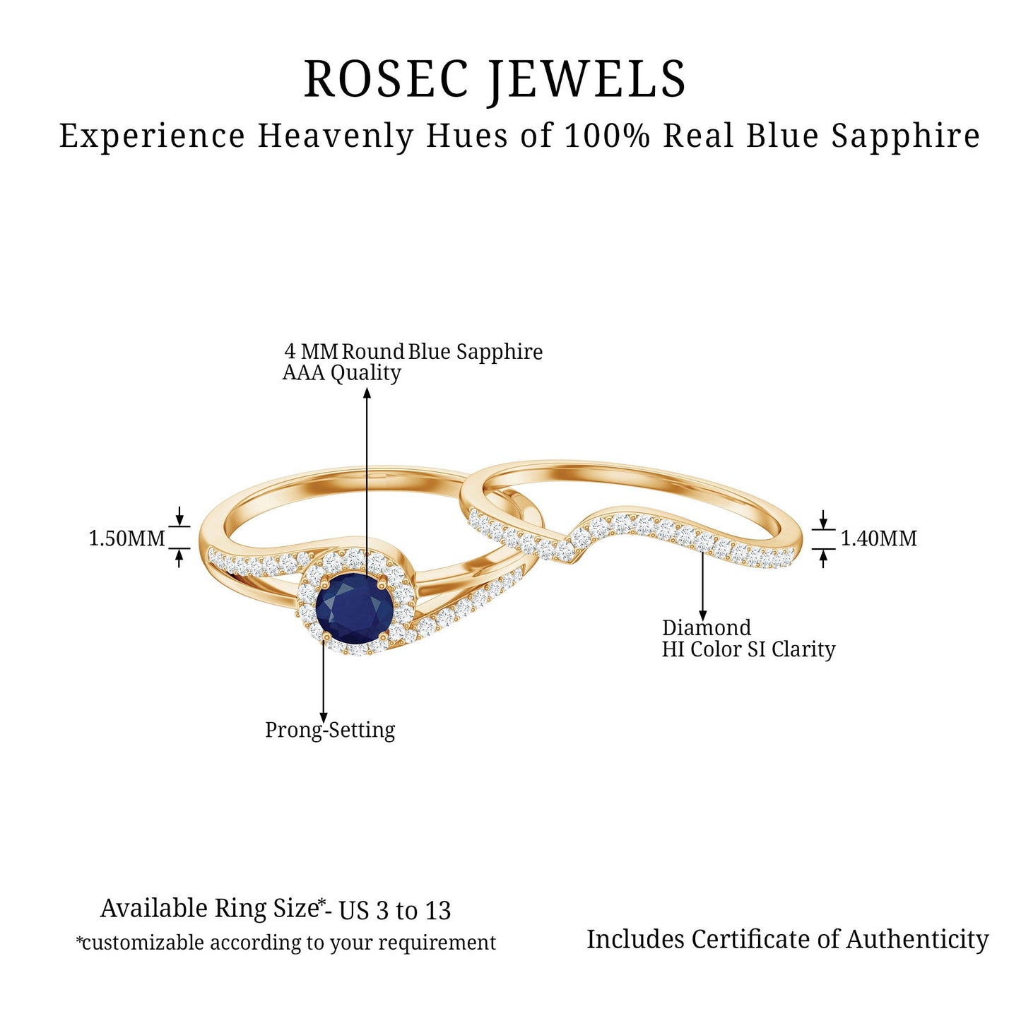 Natural Blue Sapphire Wedding Engagement Ring Set with Diamond