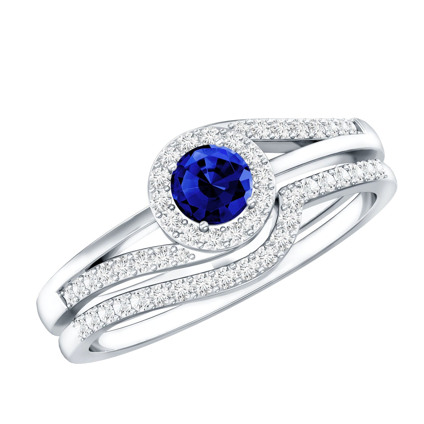 Certified Lab Grown Blue Sapphire Wedding Engagement Ring Set with Diamond