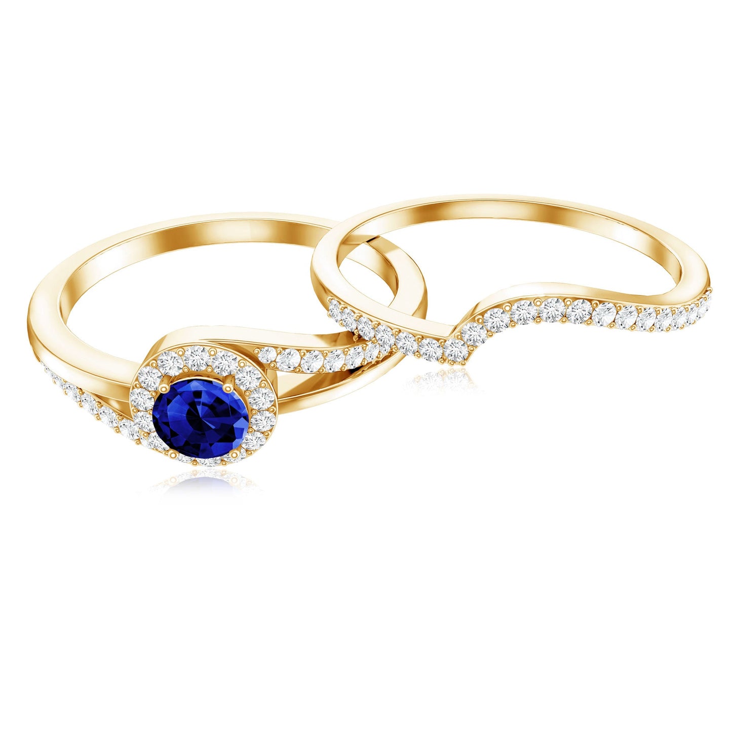 Certified Lab Grown Blue Sapphire Wedding Engagement Ring Set with Diamond