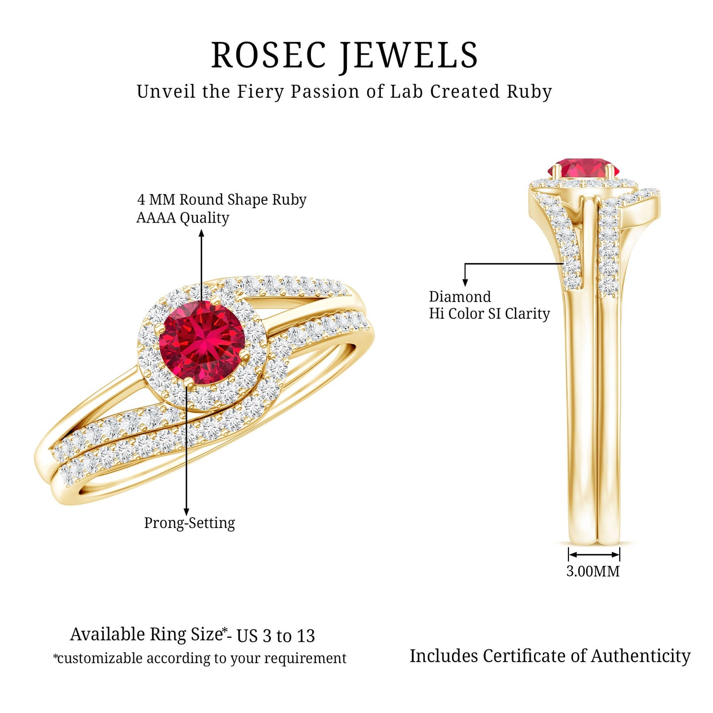 Certified Lab Ruby and Diamond Halo Wedding Ring Set