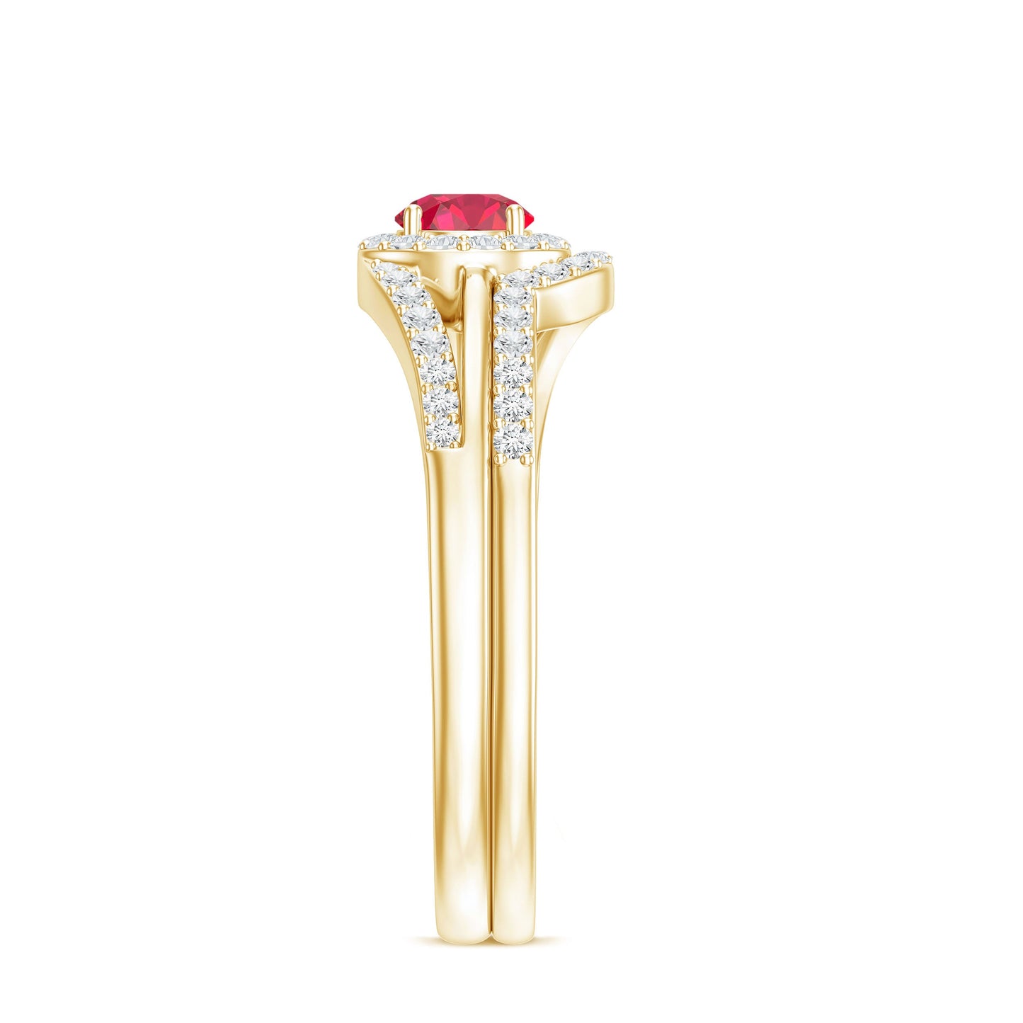 Certified Lab Ruby and Diamond Halo Wedding Ring Set