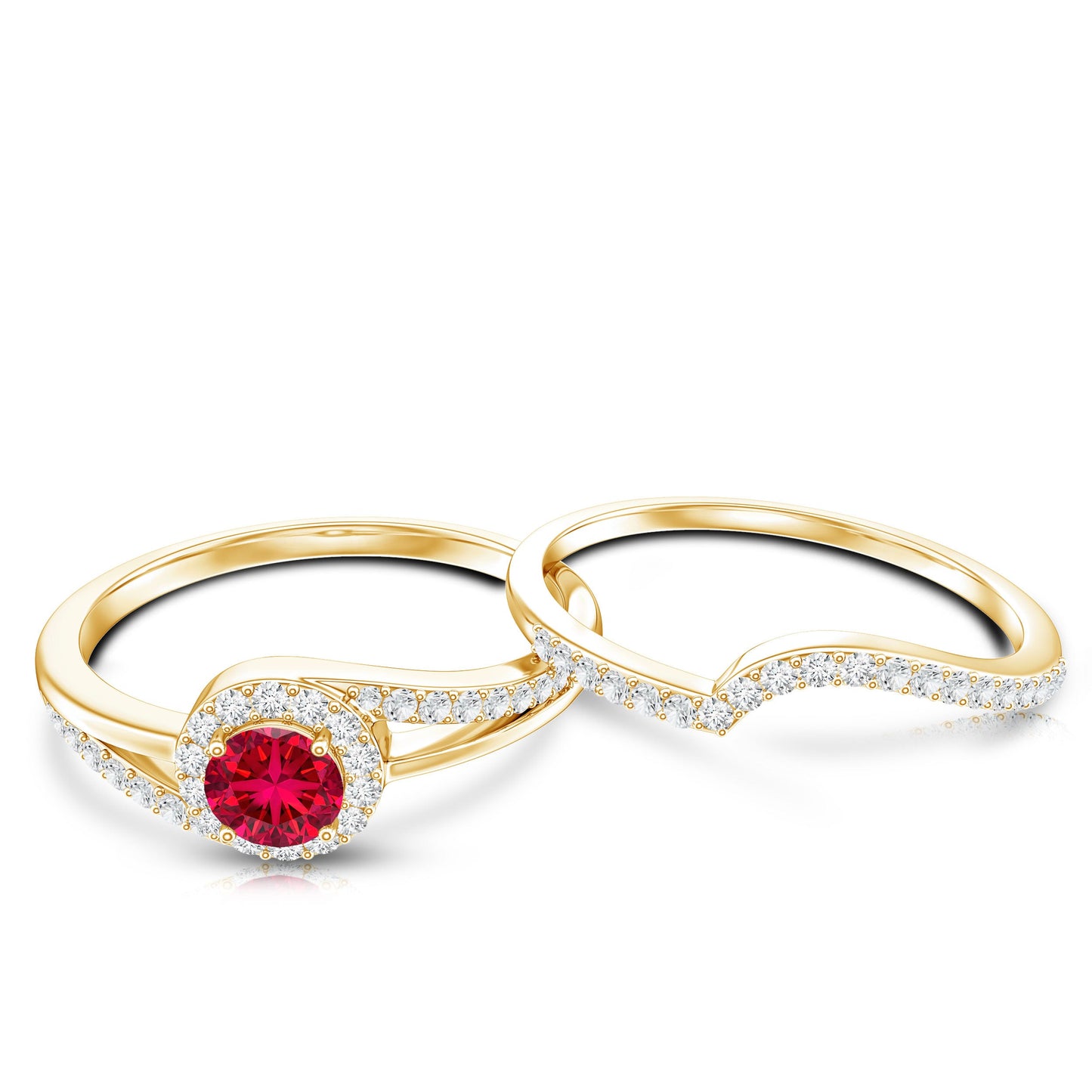 Certified Lab Ruby and Diamond Halo Wedding Ring Set