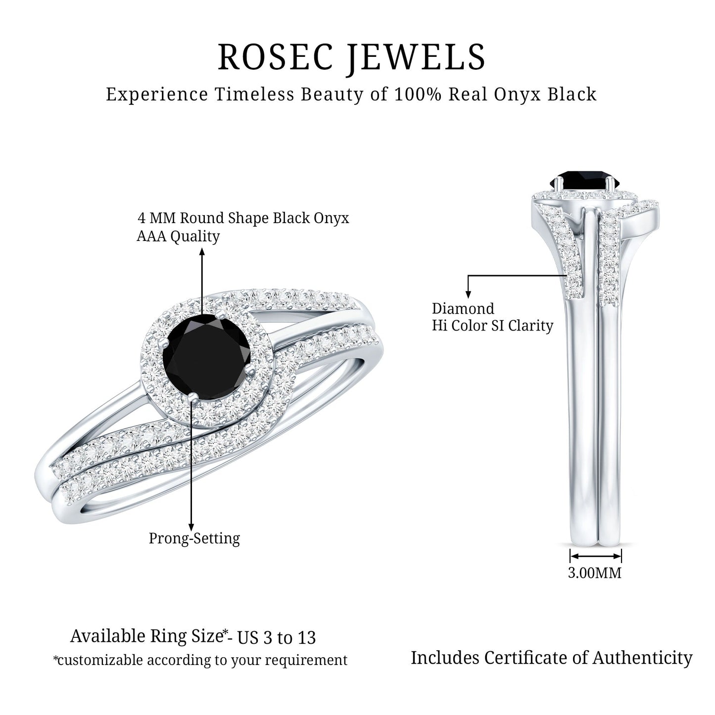 Black Onyx Minimal Wedding Rings Set with Diamond Curved Band