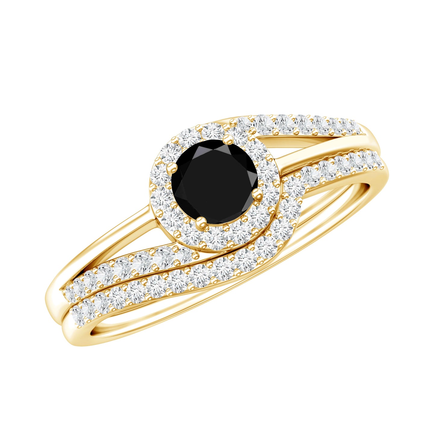 Black Onyx Minimal Wedding Rings Set with Diamond Curved Band