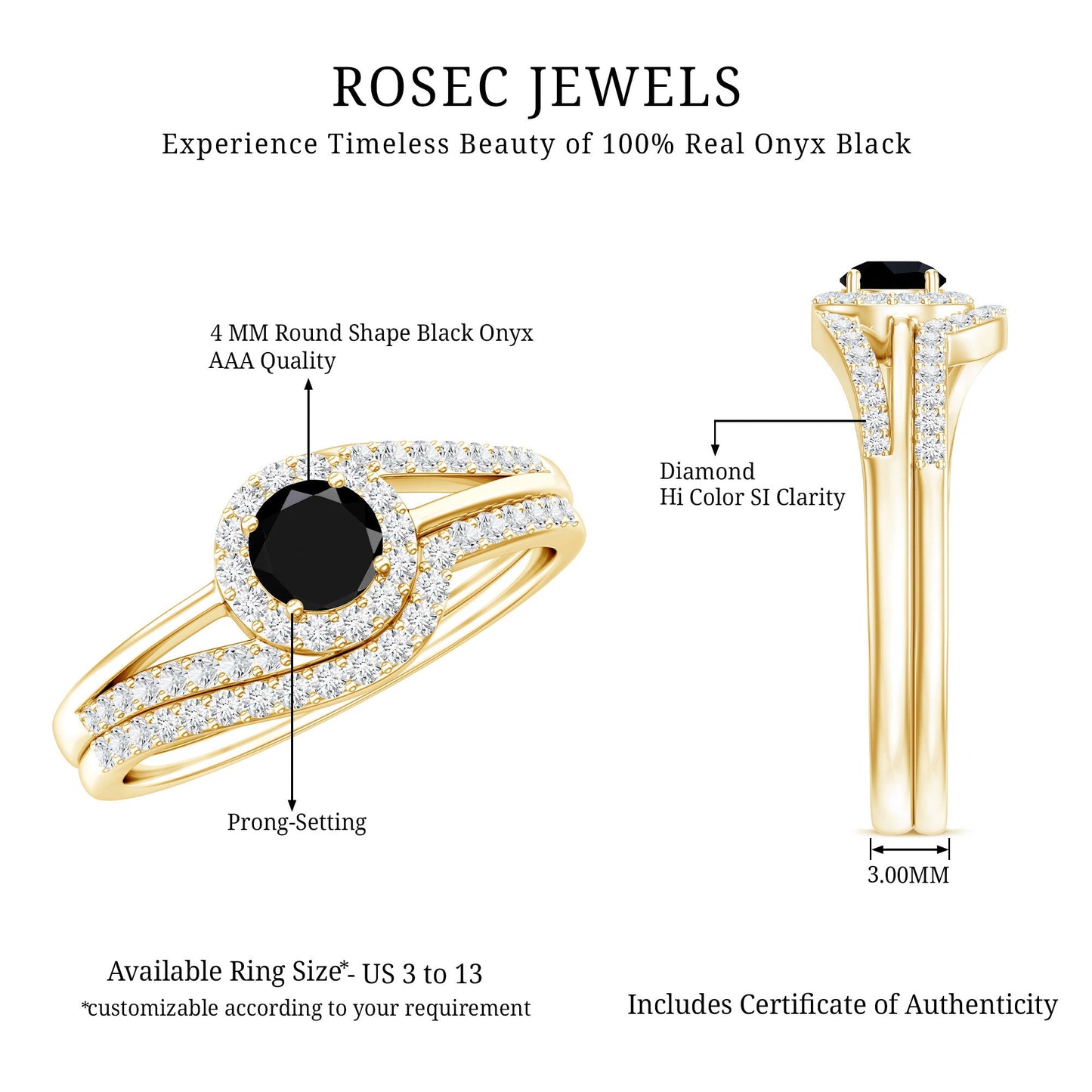 Black Onyx Minimal Wedding Rings Set with Diamond Curved Band