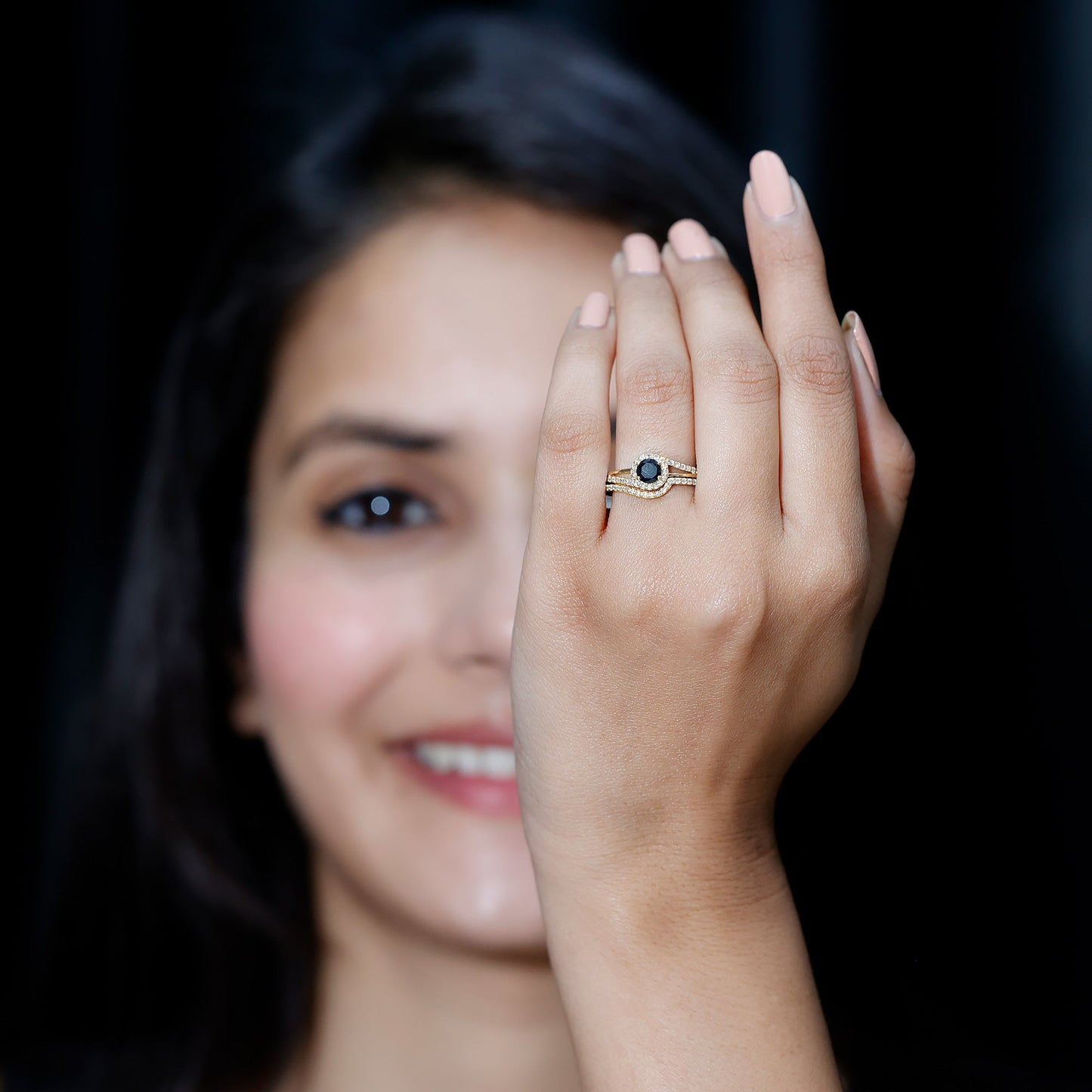 Black Onyx Minimal Wedding Rings Set with Diamond Curved Band