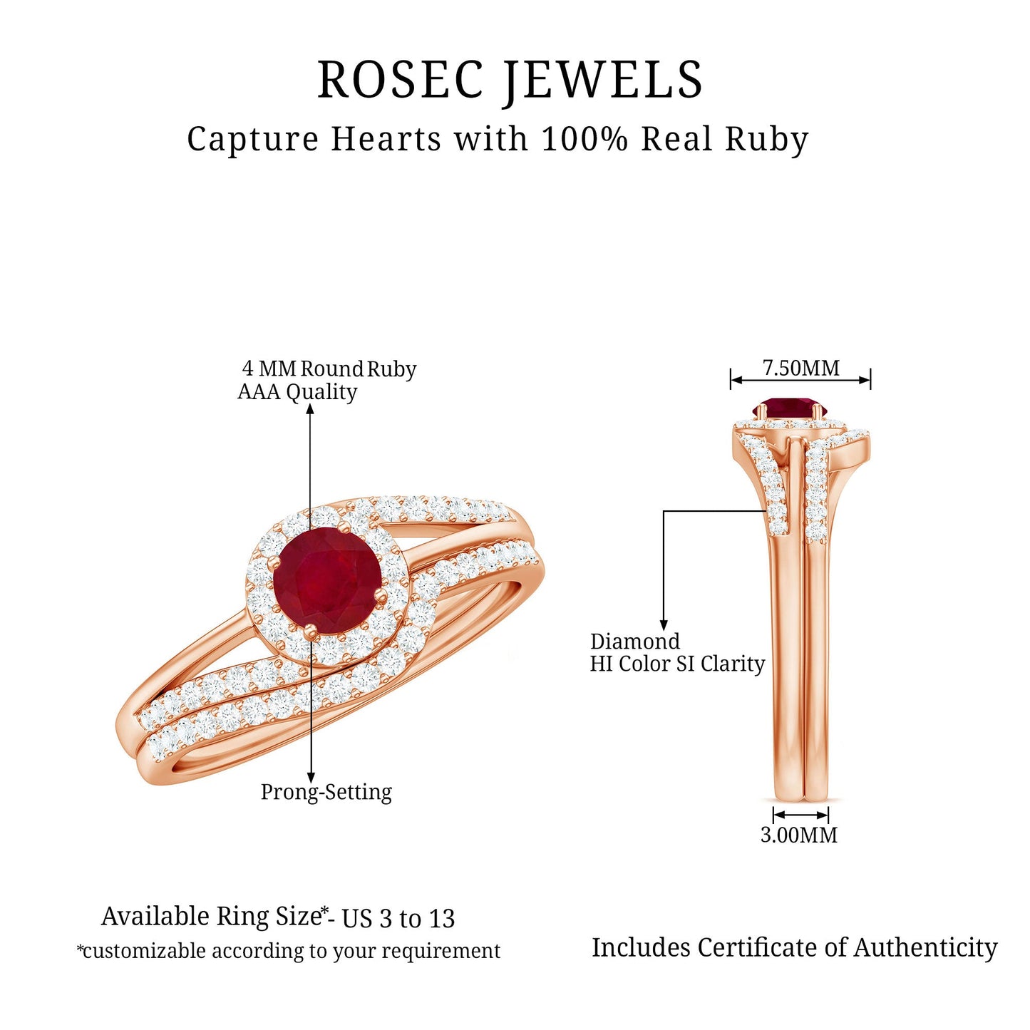Natural Ruby Diamond Wedding Bridal Ring Set for Women
