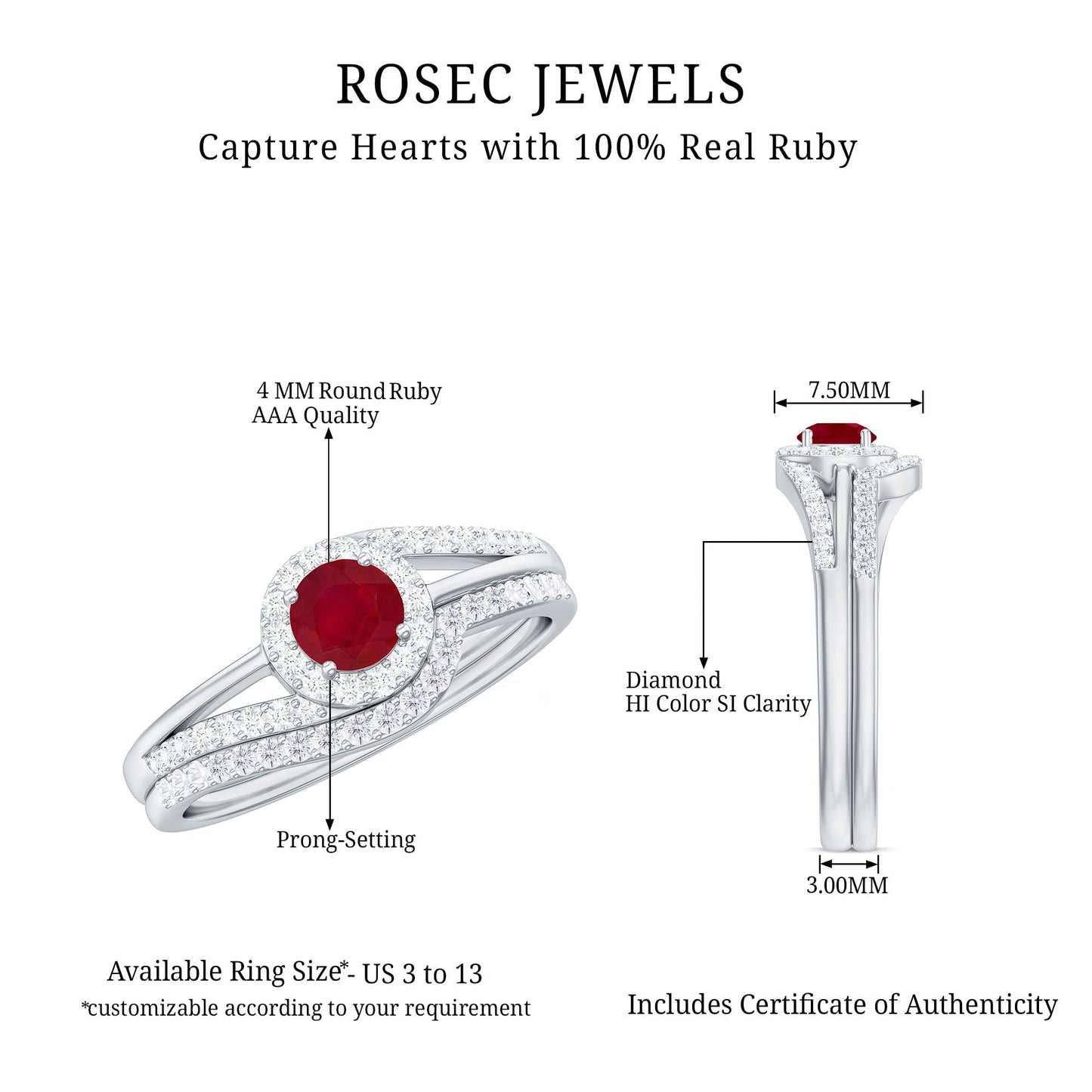 Natural Ruby Diamond Wedding Bridal Ring Set for Women
