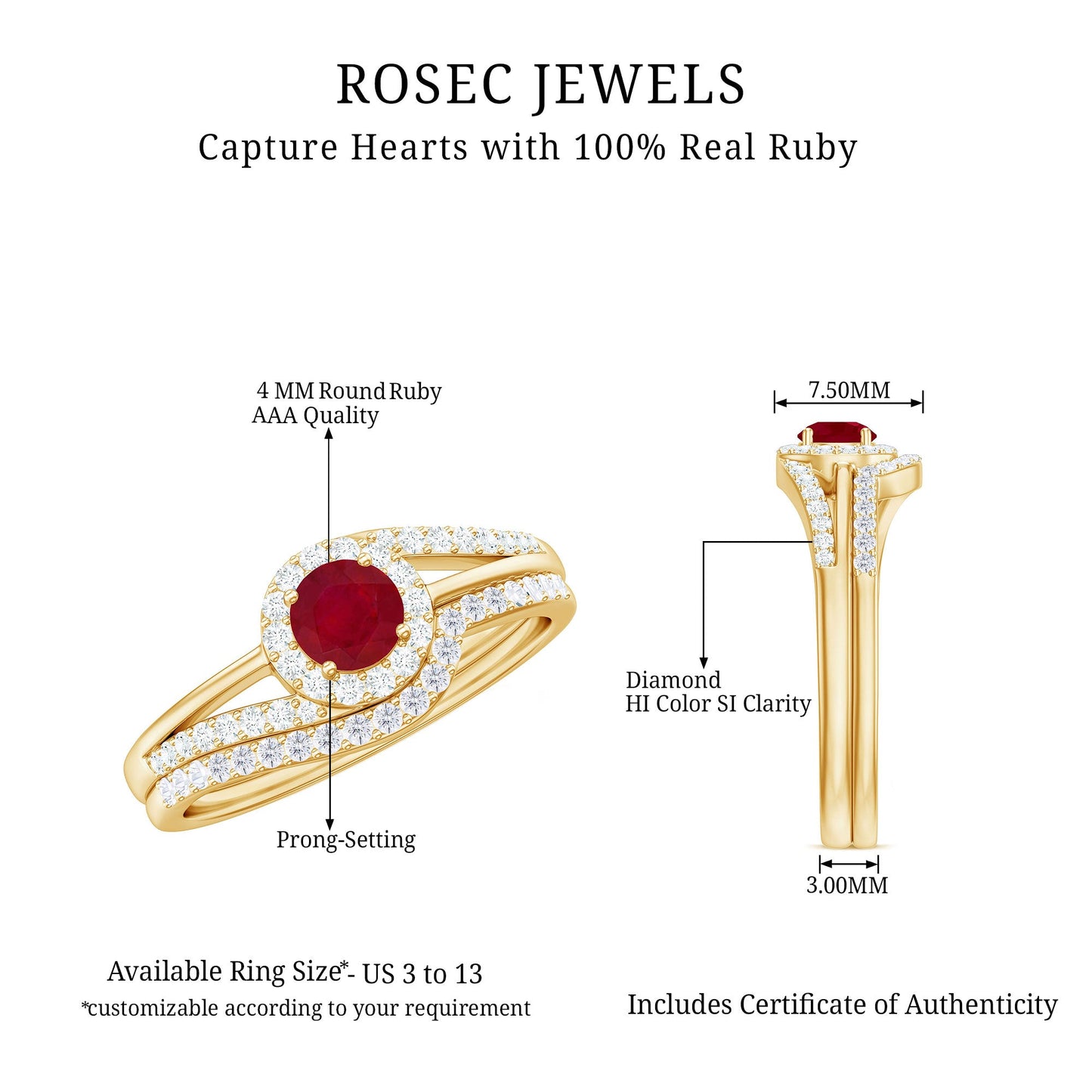 Natural Ruby Diamond Wedding Bridal Ring Set for Women