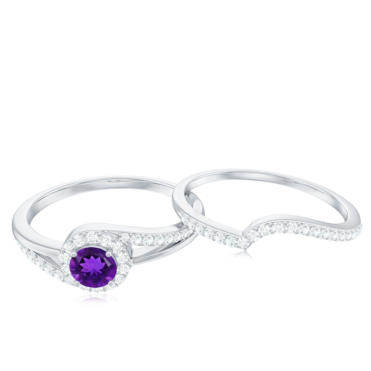 0.4 Carat Natural Amethyst Diamond Wedding Bridal Ring Set of 2