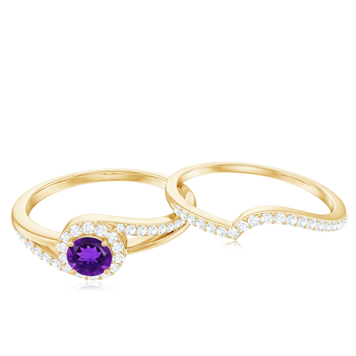 0.4 Carat Natural Amethyst Diamond Wedding Bridal Ring Set of 2