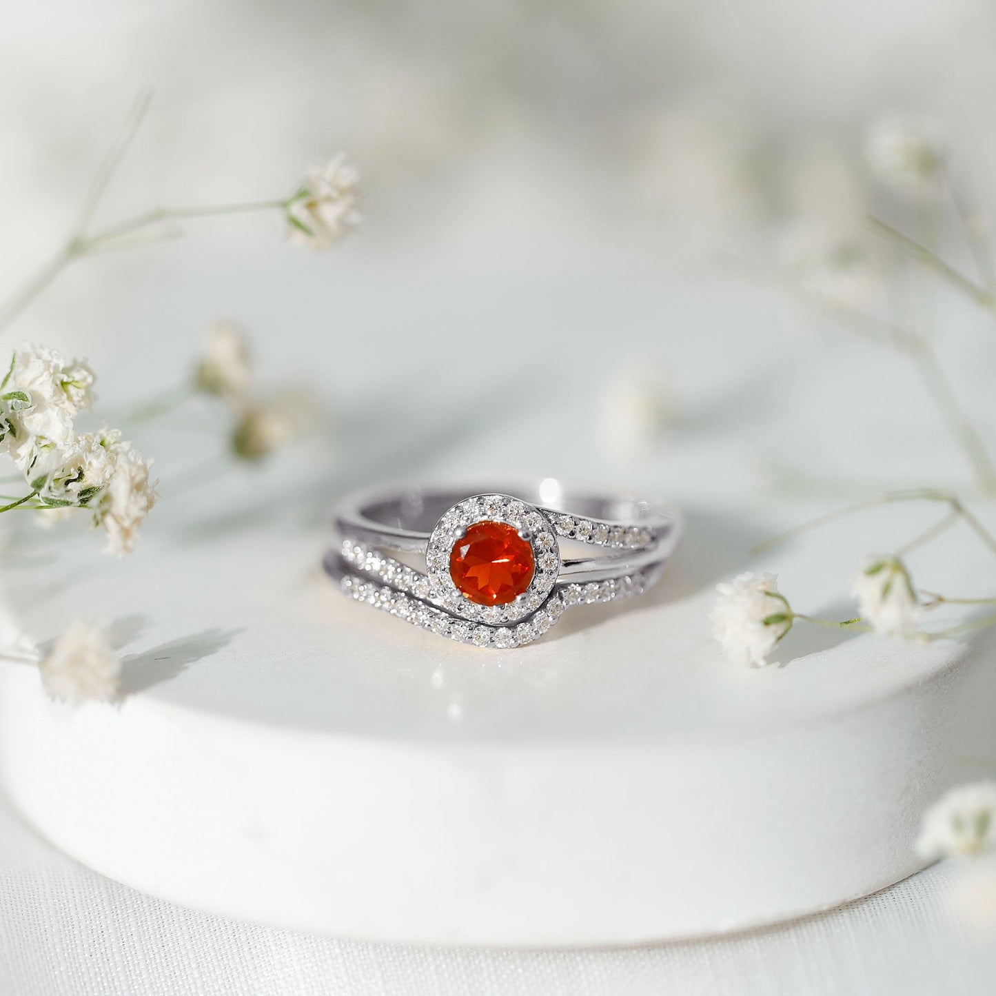 Certified Fire Opal Engagement Ring with Diamond Enhancer