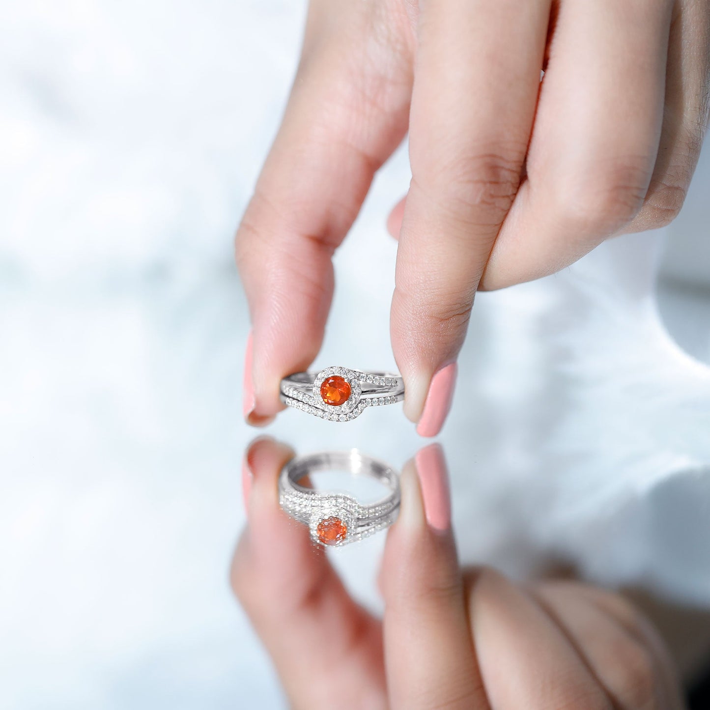 Certified Fire Opal Engagement Ring with Diamond Enhancer