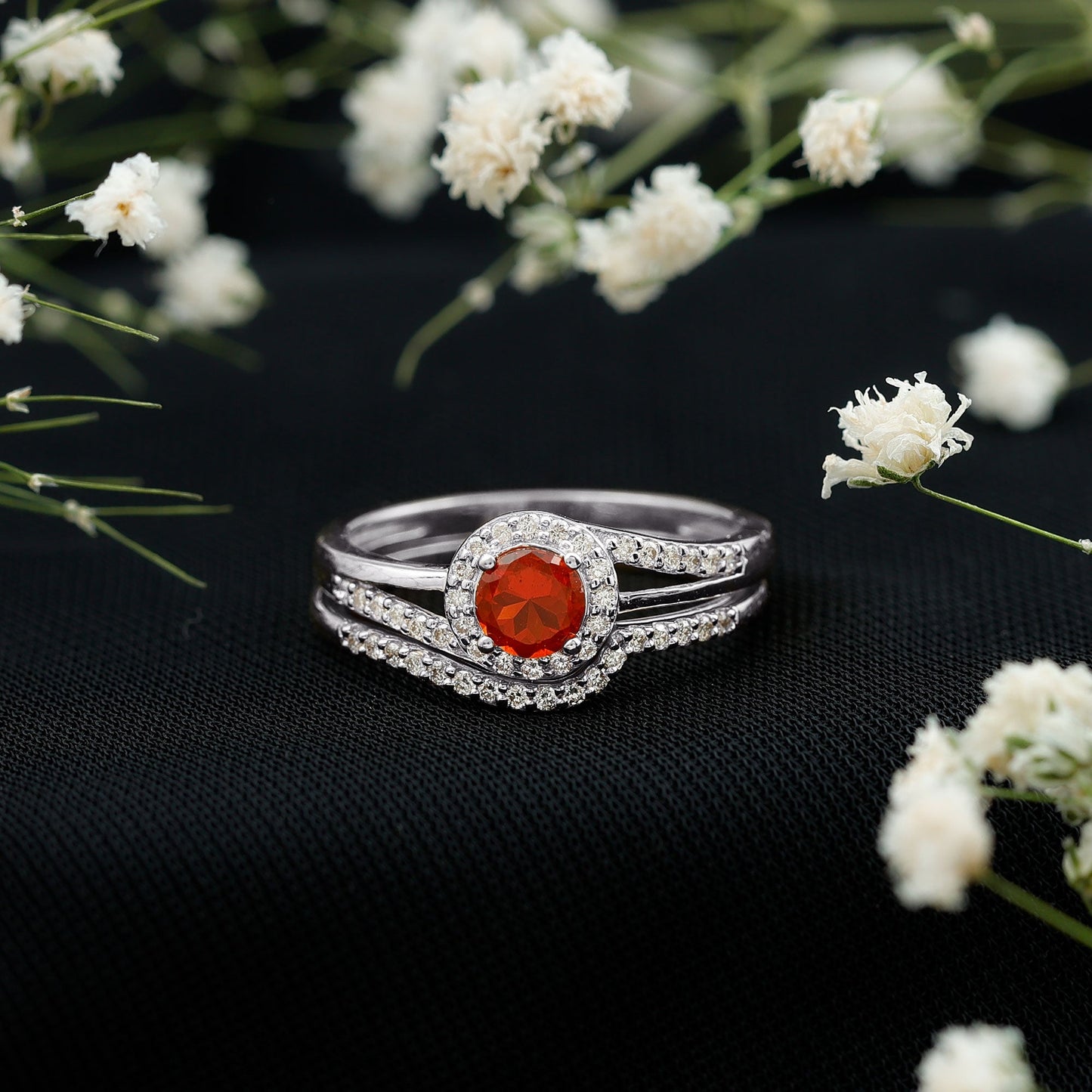 Certified Fire Opal Engagement Ring with Diamond Enhancer