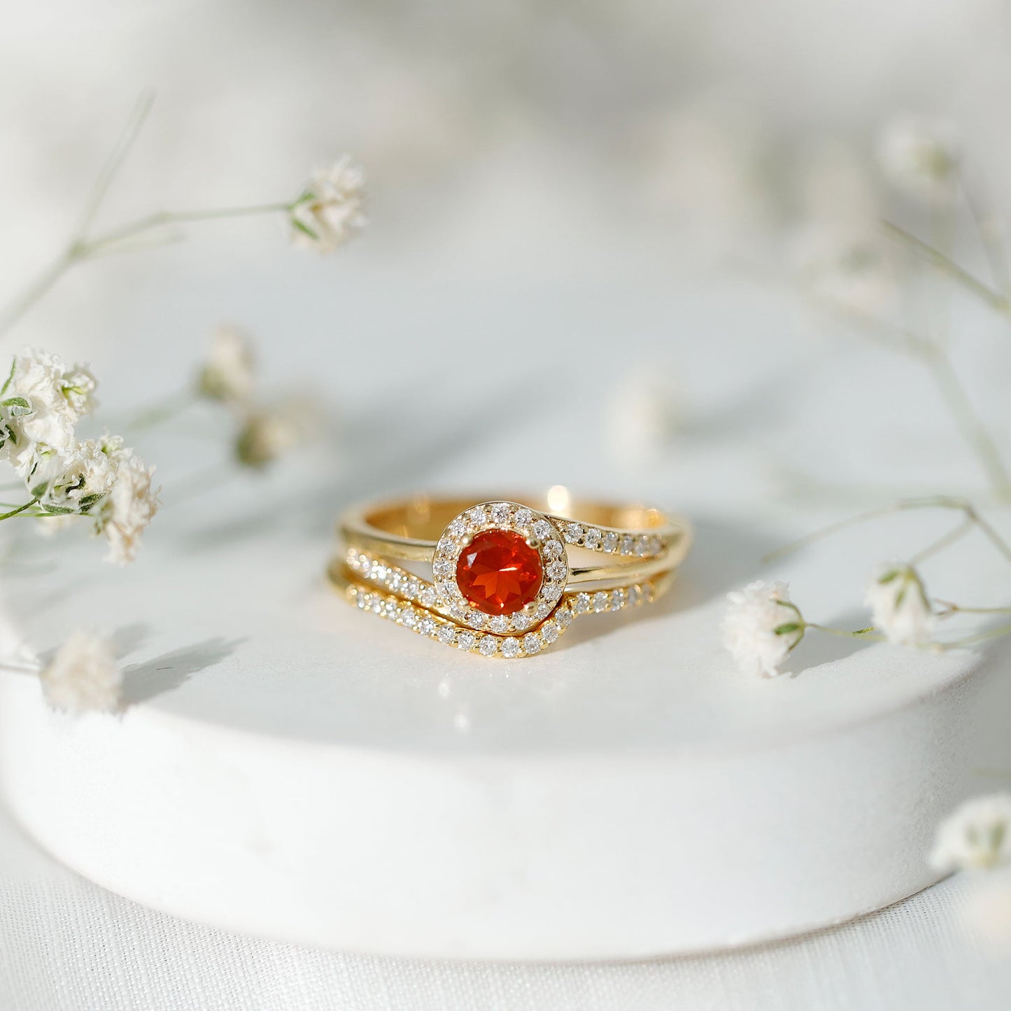 Certified Fire Opal Engagement Ring with Diamond Enhancer