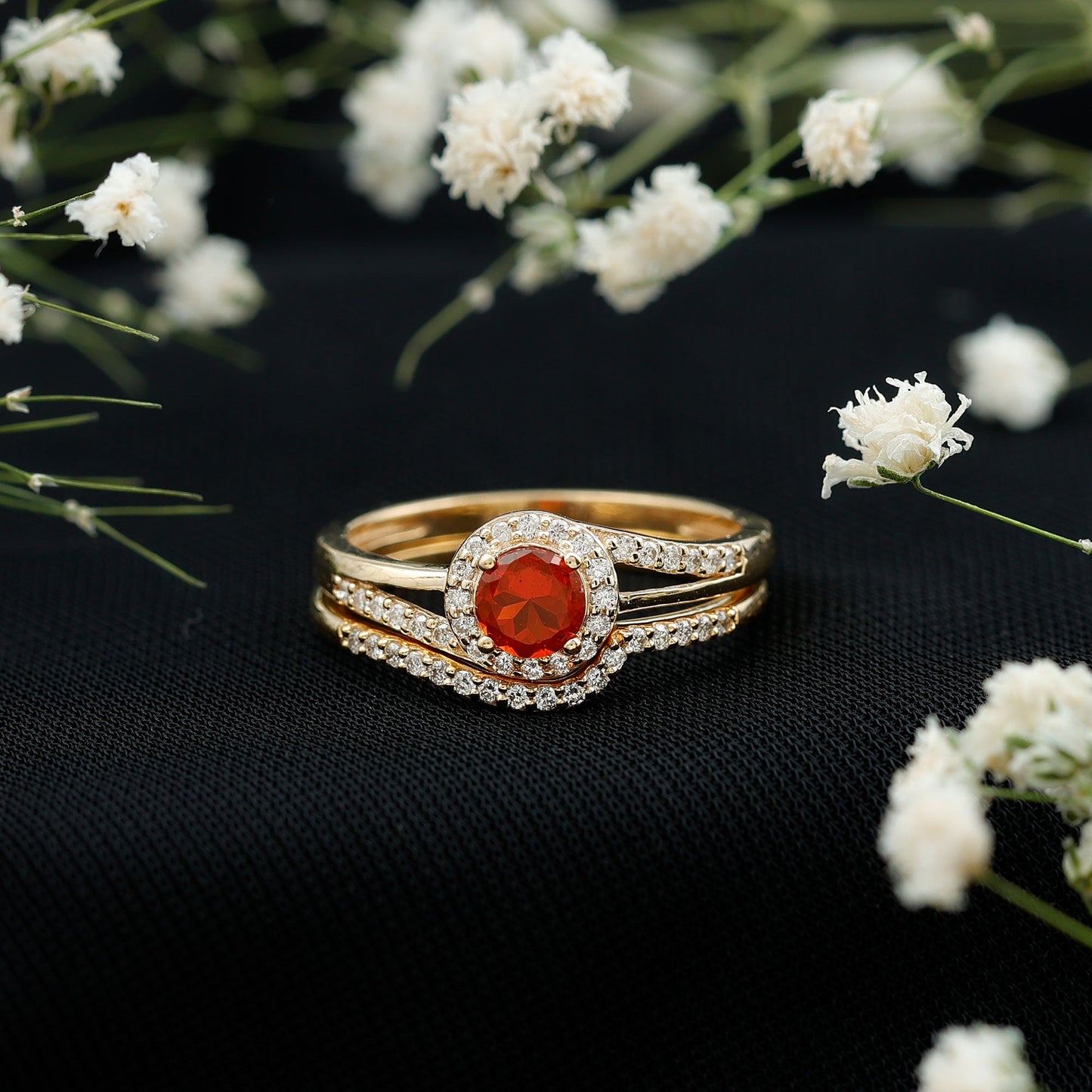 Certified Fire Opal Engagement Ring with Diamond Enhancer