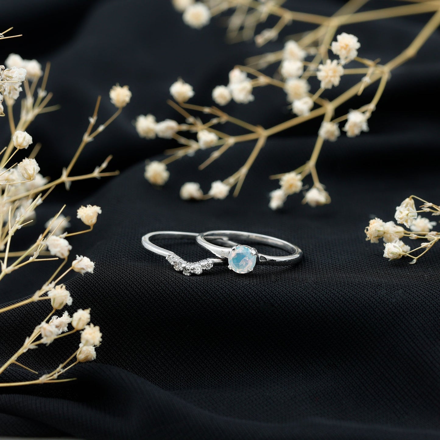 Minimal Ethiopian Opal Diamond Promise Ring Set