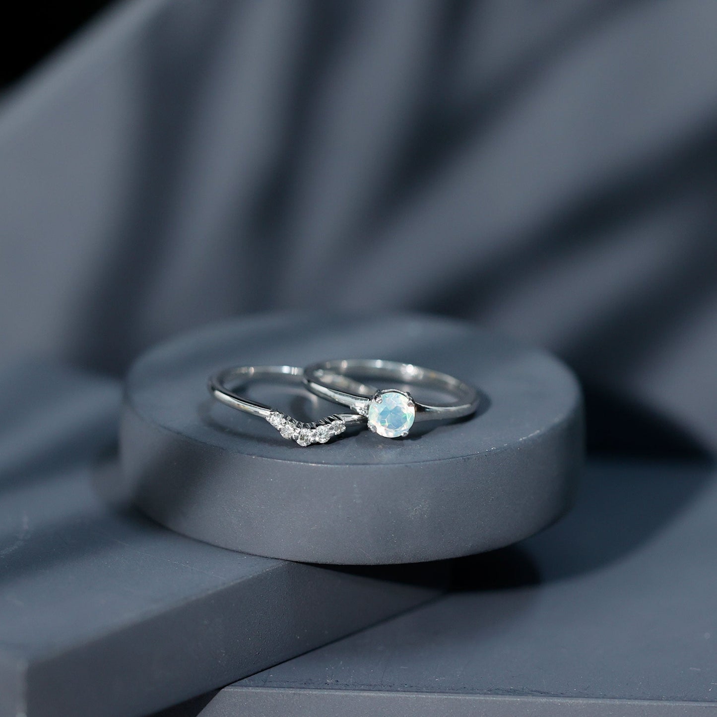 Minimal Ethiopian Opal Diamond Promise Ring Set