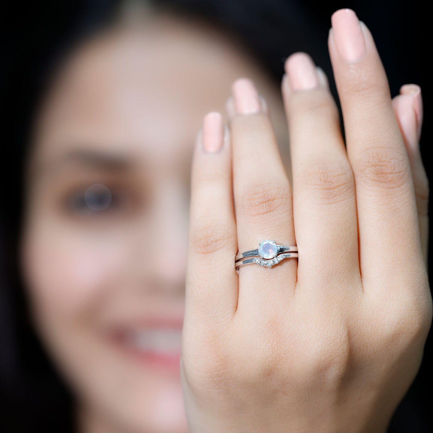Minimal Ethiopian Opal Diamond Promise Ring Set