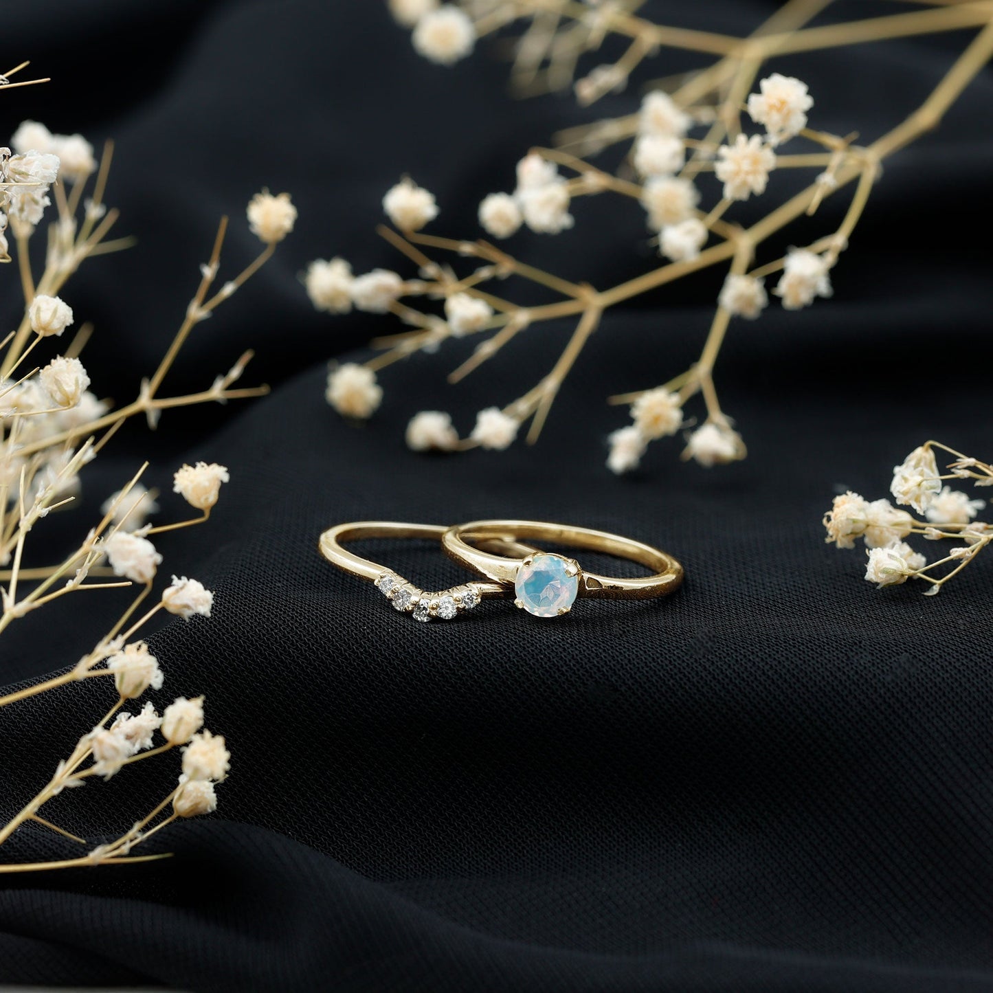 Minimal Ethiopian Opal Diamond Promise Ring Set