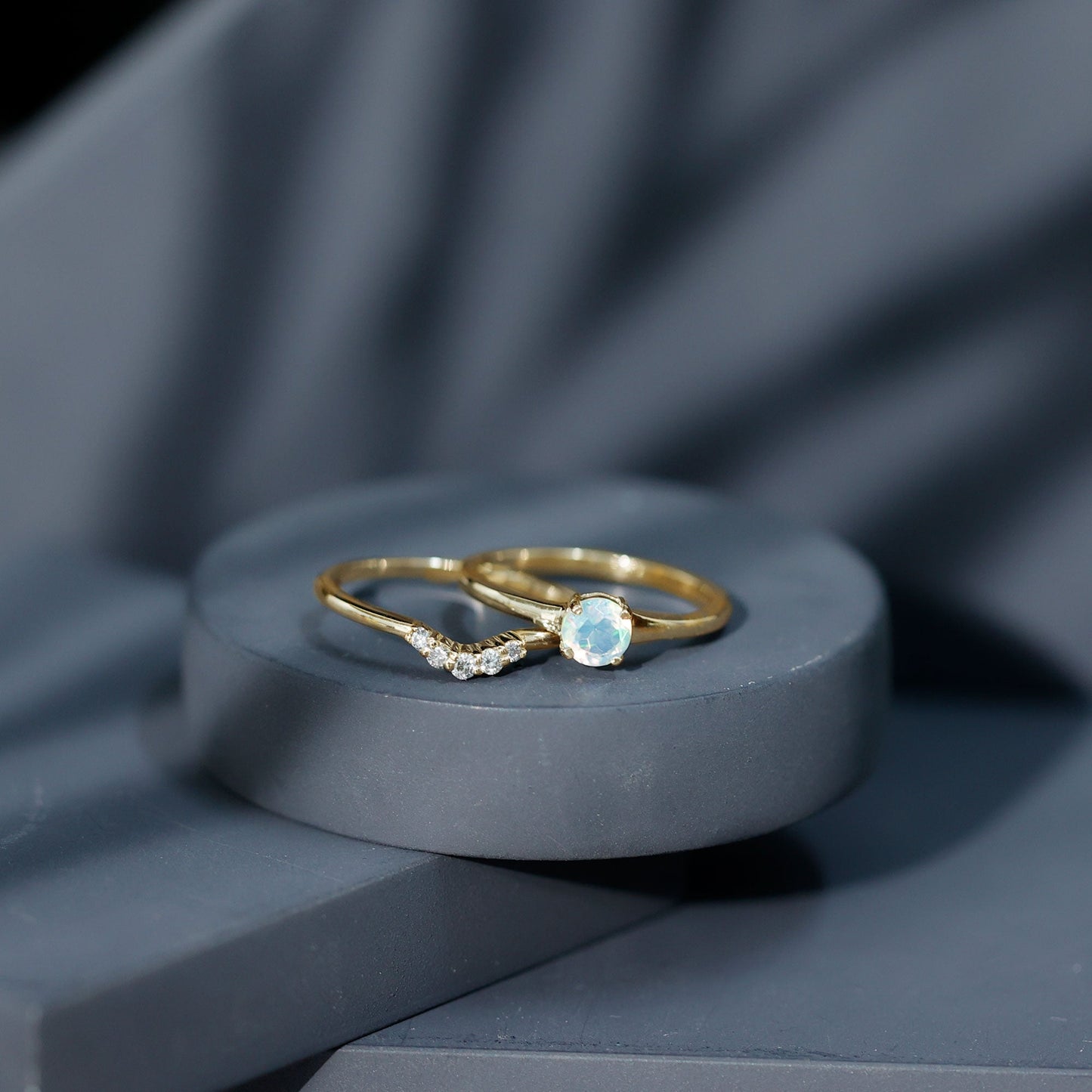Minimal Ethiopian Opal Diamond Promise Ring Set
