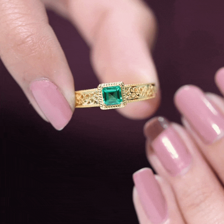 Vintage Inspired Princess Cut Lab Grown Emerald Promise Ring with Filigree Details