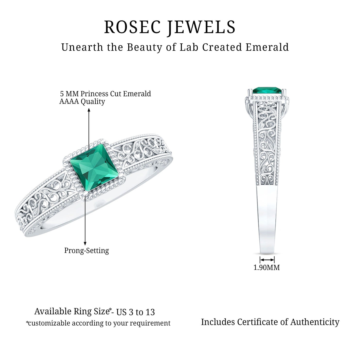 Vintage Inspired Princess Cut Lab Grown Emerald Promise Ring with Filigree Details
